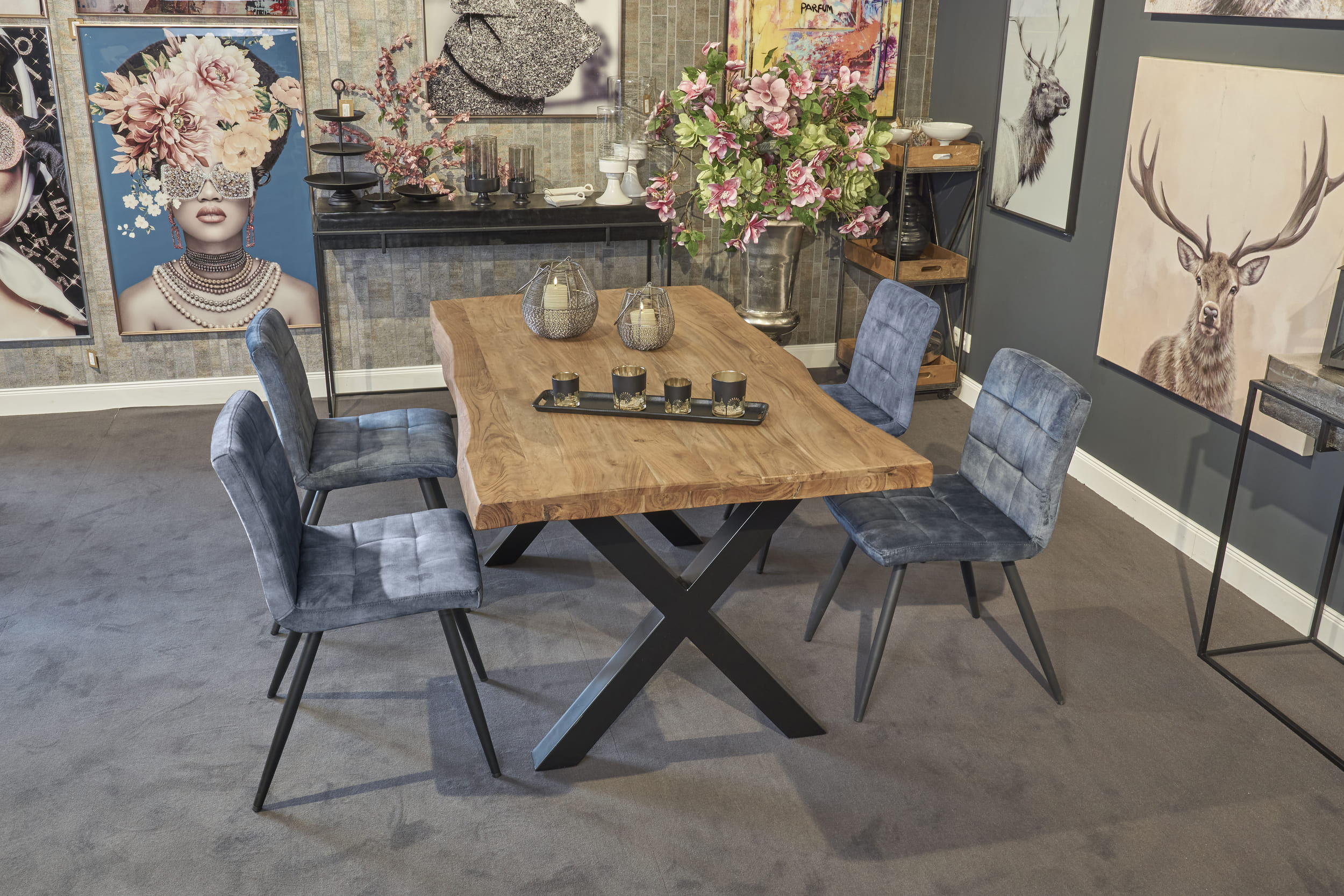 LC Home Essgruppe Barnet 5tlg. Esstisch Wildeiche X-Gestell 160cm + 4 Esszimmerstühle Samt Blau