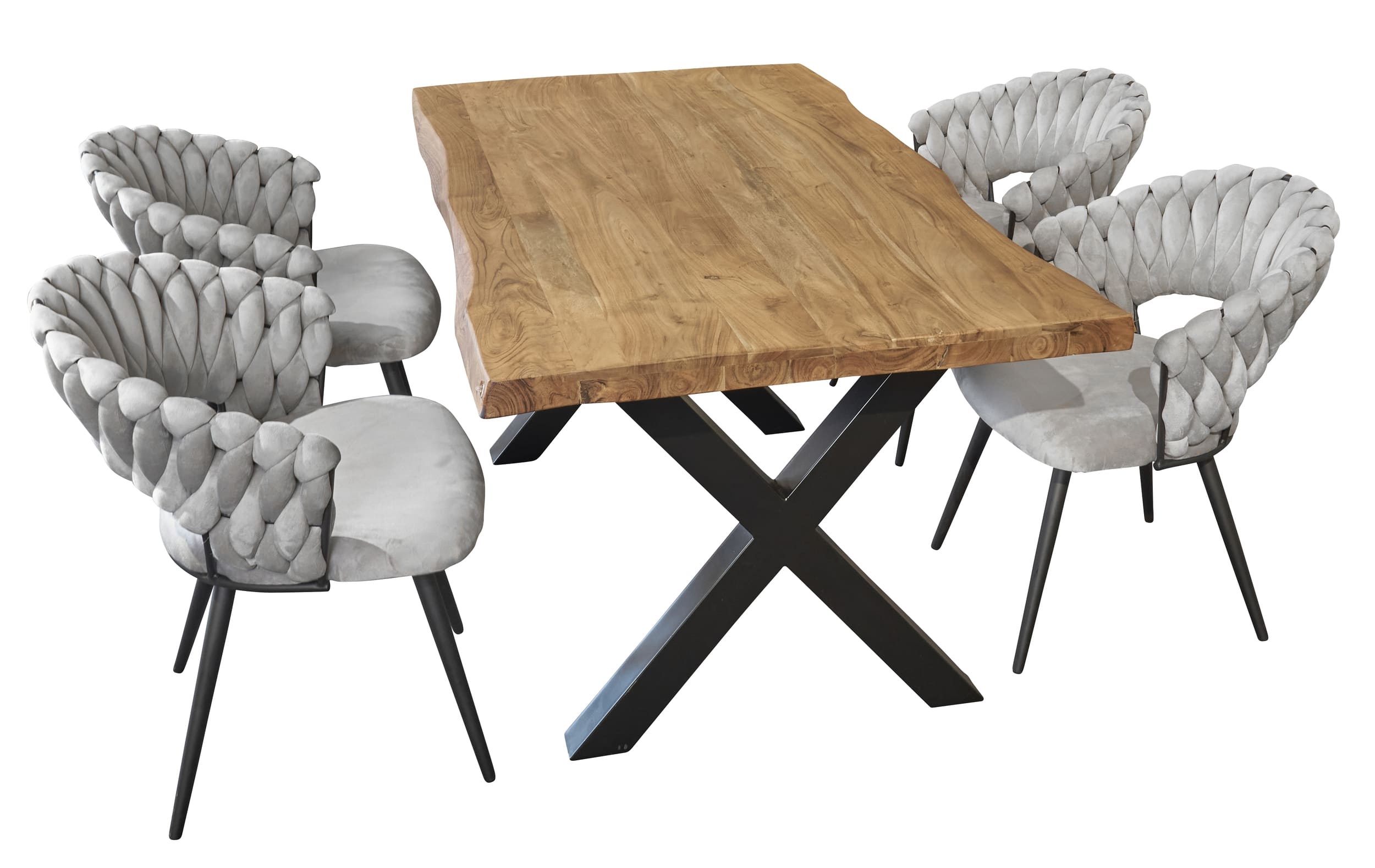 LC Home Sitzgruppe 5tlg. Esstisch 180cm + 4x Esszimmerstuhl Nancy Samtbezug taupe, Akazienholz massiv X-Gestell
