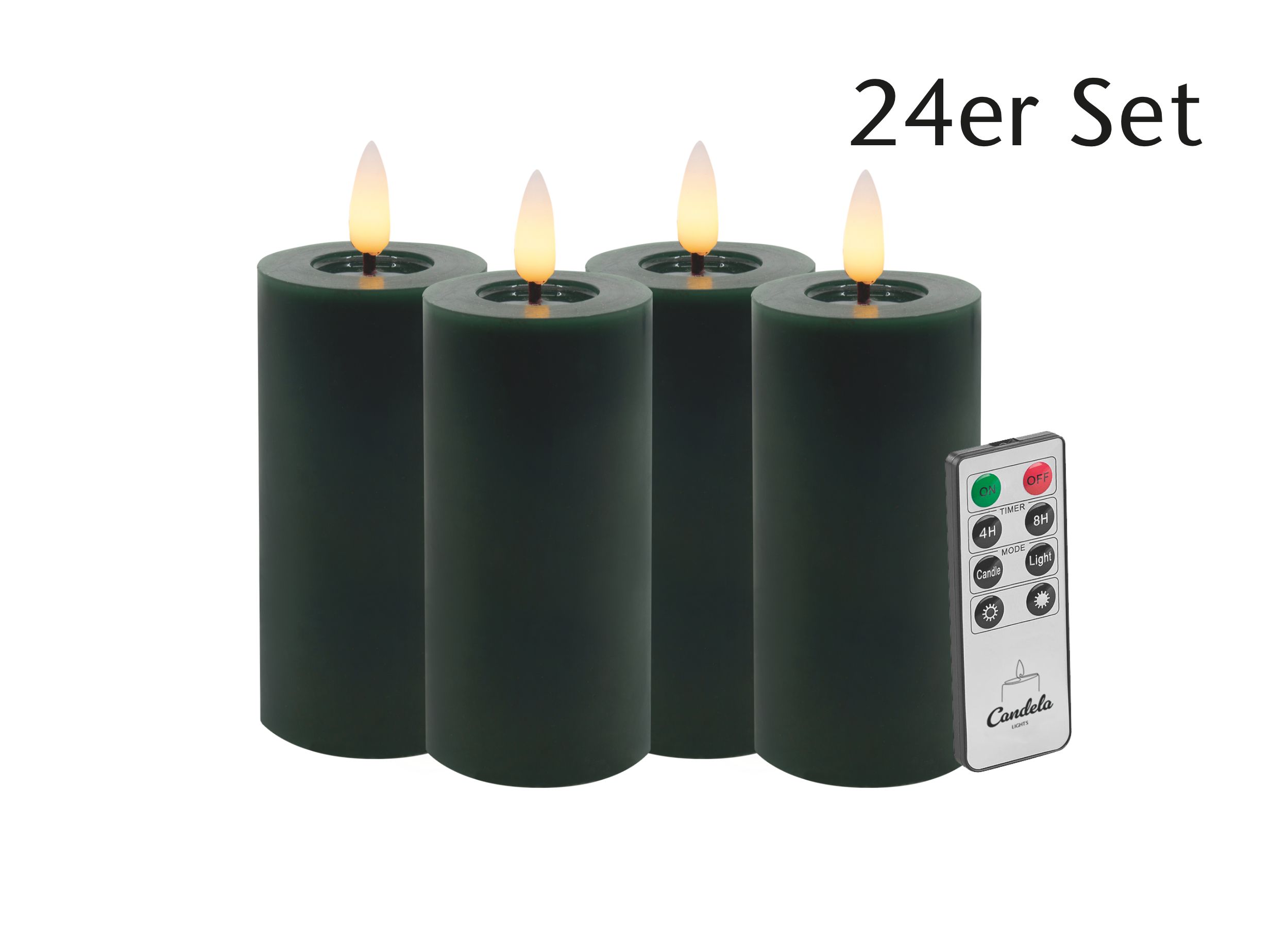 Candela LED Kerzen 24er Set H:10xØ5cm Winter grün glatt Echtwachs mit Fernbedienung Timer Funktion & mehrstufig dimmbar flammenlos Echtwachskerzen Stumpenkerze