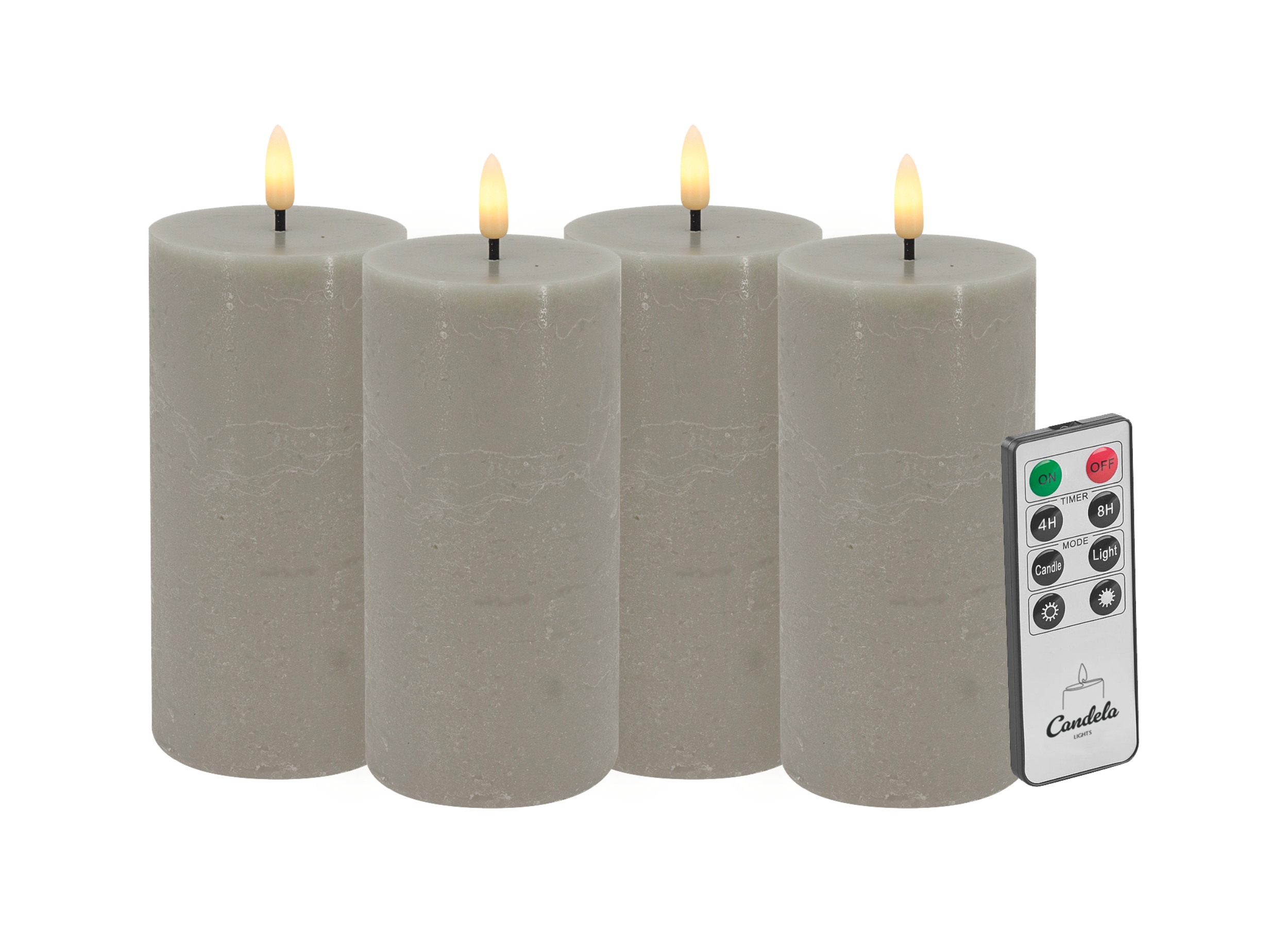 Candela Lights LED Kerzen 4er Set H:15xØ7,5cm taupe rustic Echtwachs mit Fernbedienung Timer Funktion & mehrstufig dimmbar flammenlos Echtwachskerzen Stumpenkerze