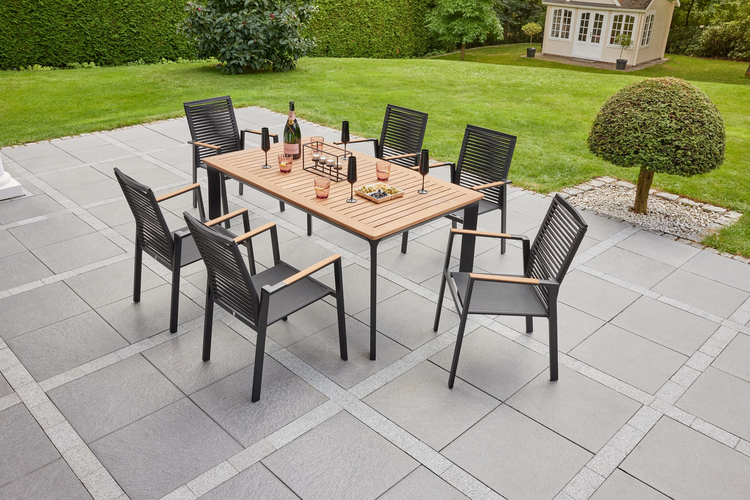 LC Garden »Unicamo Nature Rope« Dining Set II Rope/Textilen schwarz Teakholz 7tlg. Sitzgruppe Gartenset