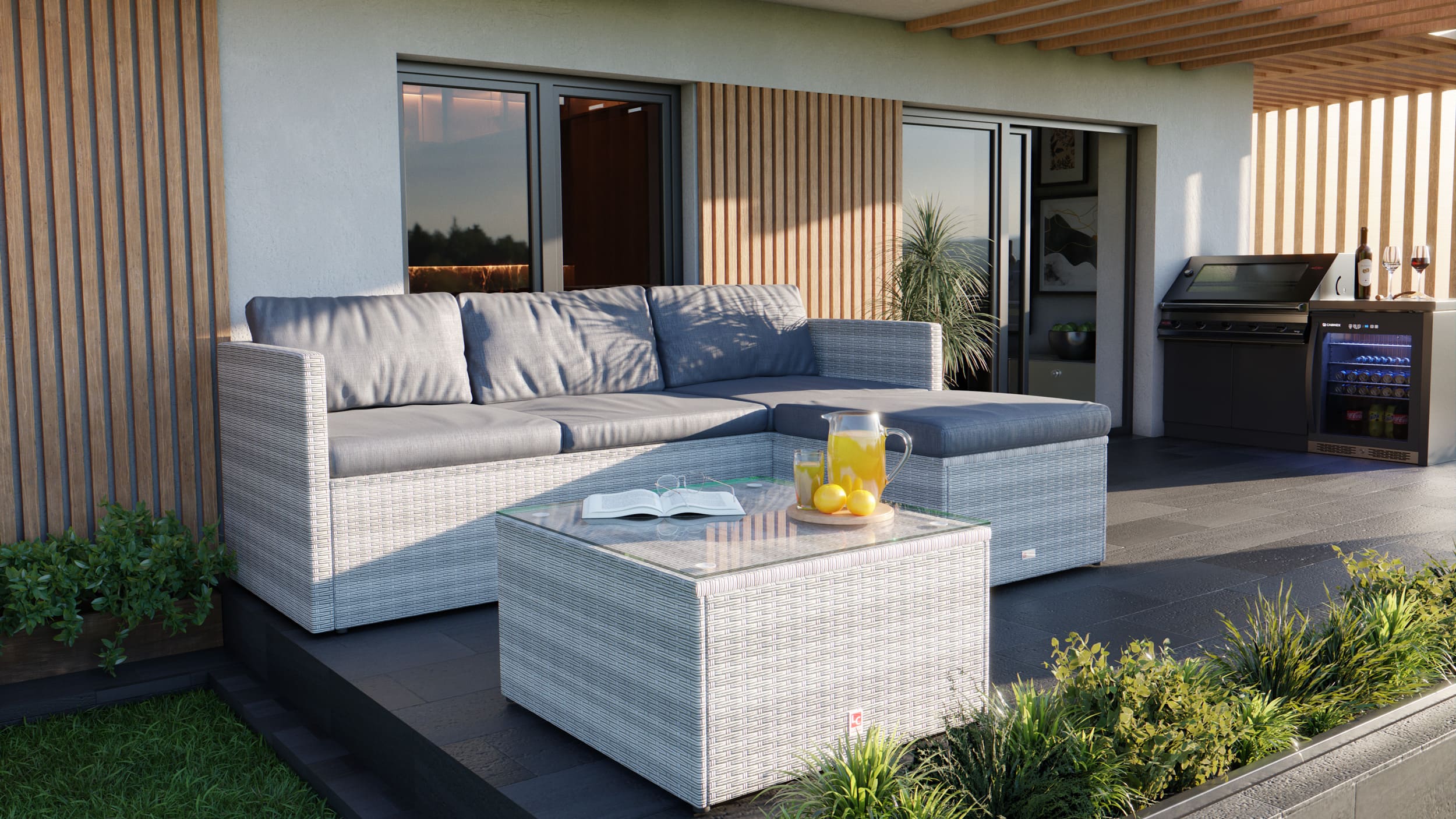 LC Garden »Loungino« Parma Lounge Gartenset mit Tisch + Hocker Gartenlounge Garten und Balkonset weiß-grau