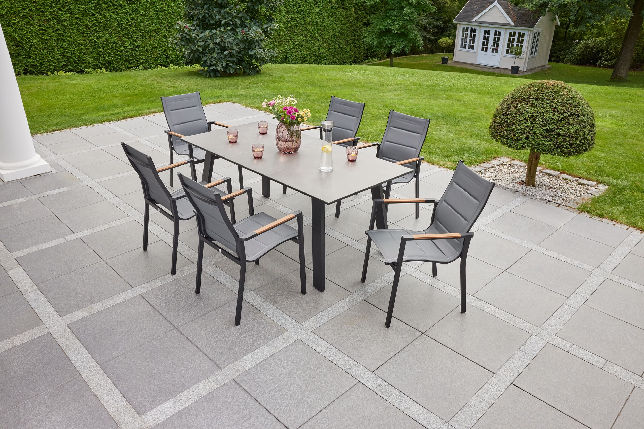 LC Garden »Sunrest Unicamo« Dining Set II Textilen matt schwarz/silber Teakholz 7tlg. Sitzgruppe Gartenset