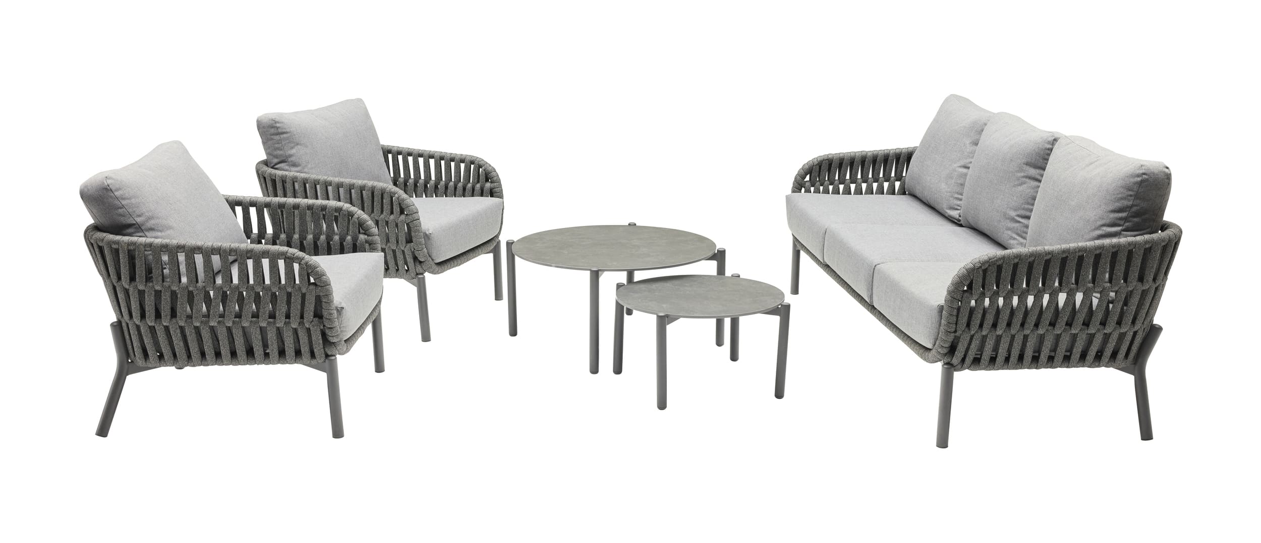 LC Garden »Terrano« Gartenset Anthrazit 2 Loungetische Ø60/Ø80cm + 2 Gartensessel + Gartensofa Rope