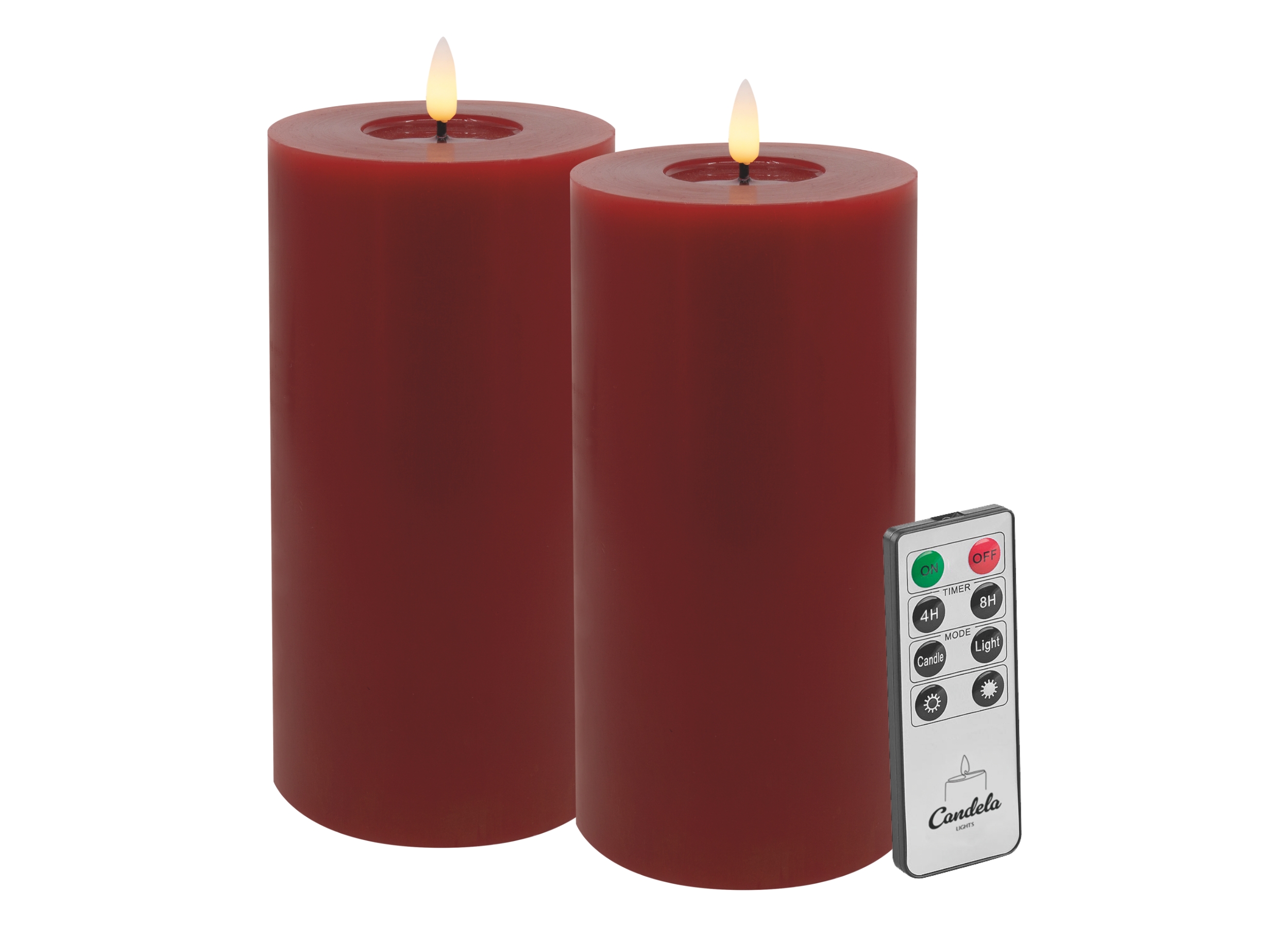 Candela LED Kerzen 2er Set H:20xØ10cm Winter rot glatt Echtwachs mit Fernbedienung Timer Funktion & mehrstufig dimmbar flammenlos Echtwachskerzen Stumpenkerze