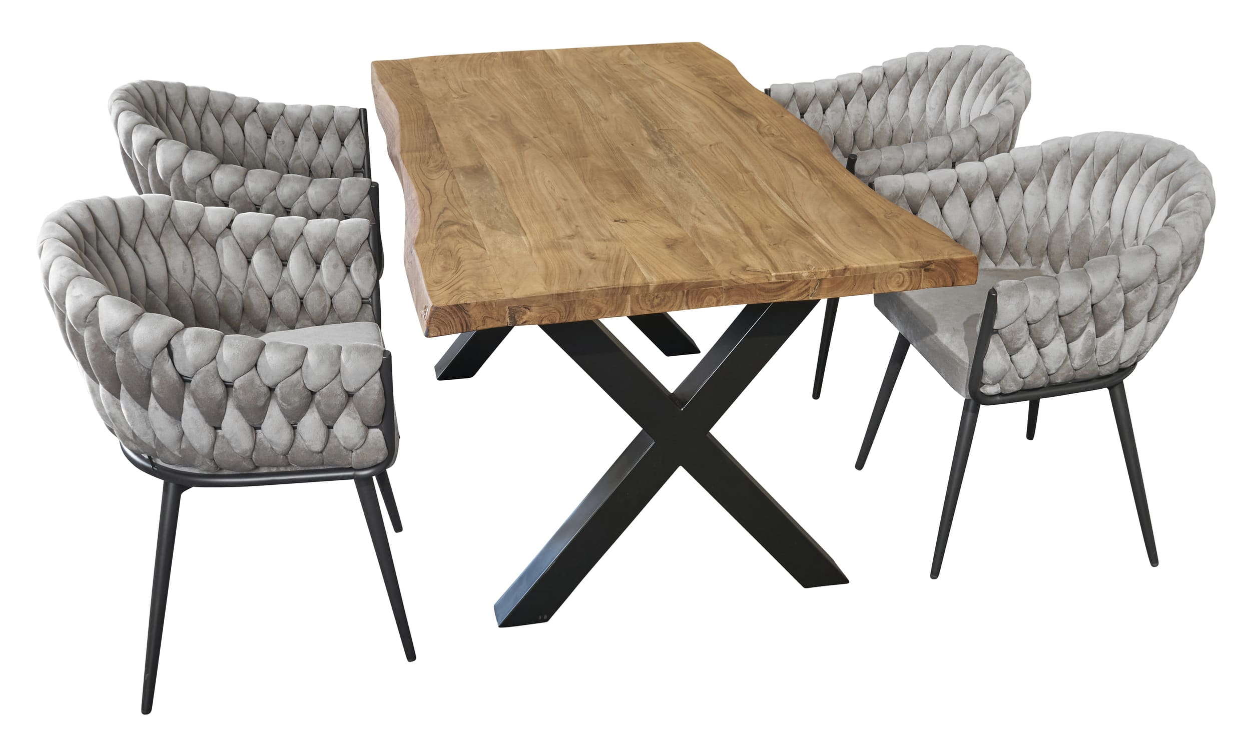 LC Home Essgruppe Remy 5tlg. Esstisch Akazie X-Gestell 180x90cm + 4 Esszimmerstühle Remy Taupe