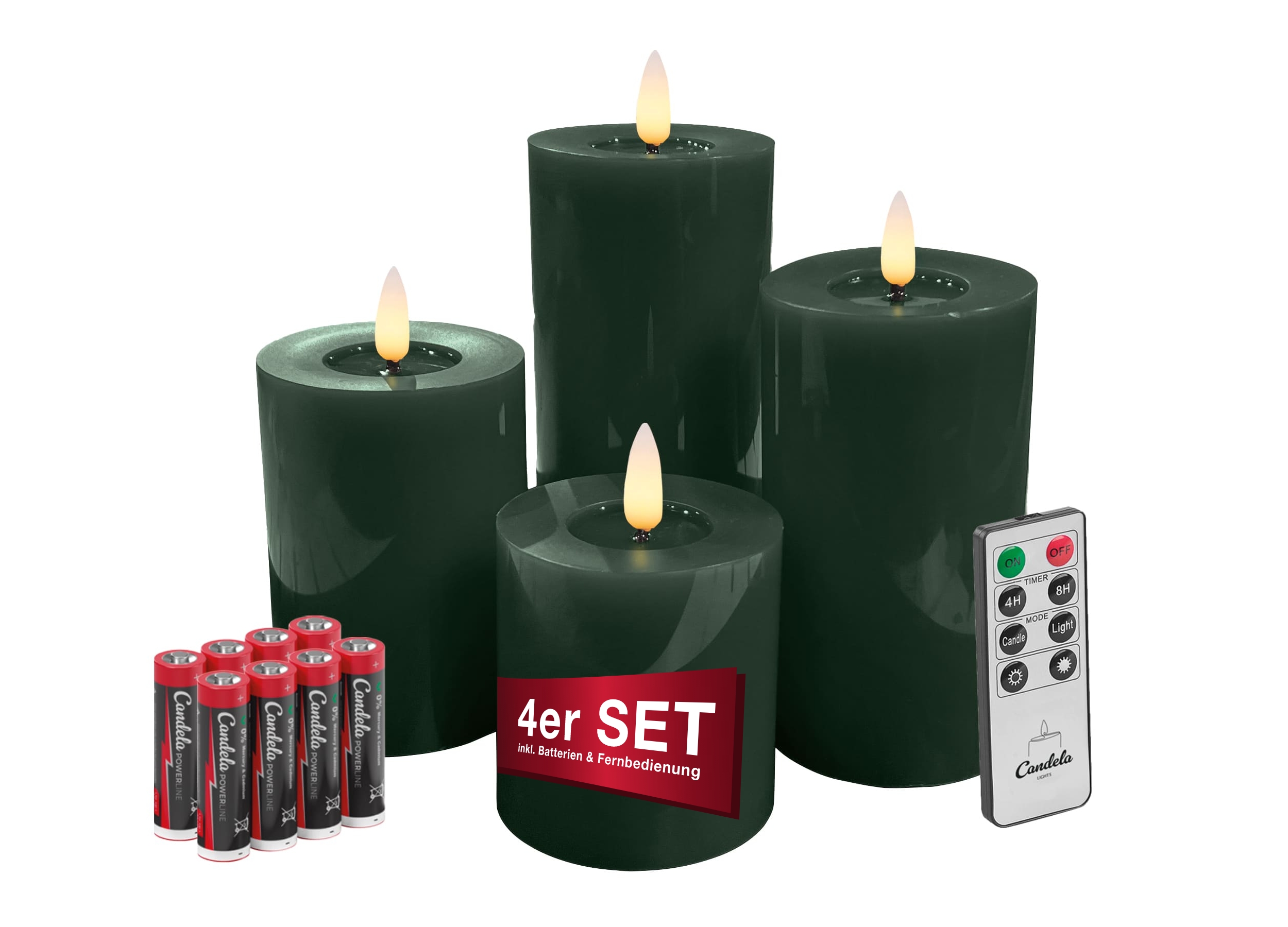 Candela Lights LED Kerzen 4er Set Winter Grün glatt Echtwachs inklusive Fernbedienung und 8 Batterien Timer Funktion & mehrstufig dimmbar flammenlos Echtwachskerzen Stumpenkerzen