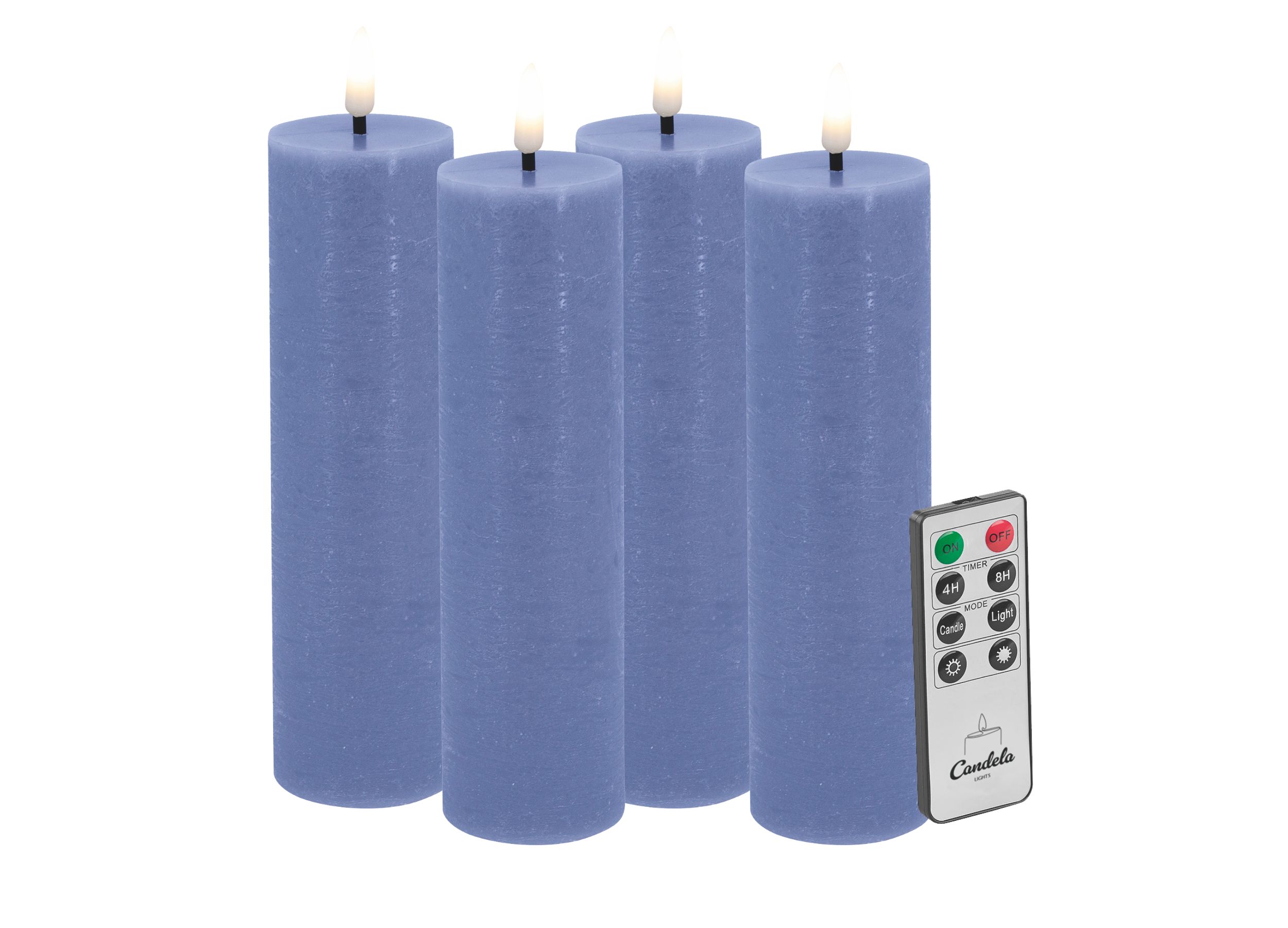 Candela LED Kerzen 4er Set H:17,5xØ5cm blau rustic Echtwachs mit Fernbedienung Timer Funktion & mehrstufig dimmbar flammenlos Echtwachskerzen Stumpenkerze Candela LED Kerzen 4er Set H:17,5xØ5cm blau rustic Echtwachs mit Fernbedienung Timer Funktion & mehrstufig dimmbar flammenlos Echtwachskerzen Stumpenkerze