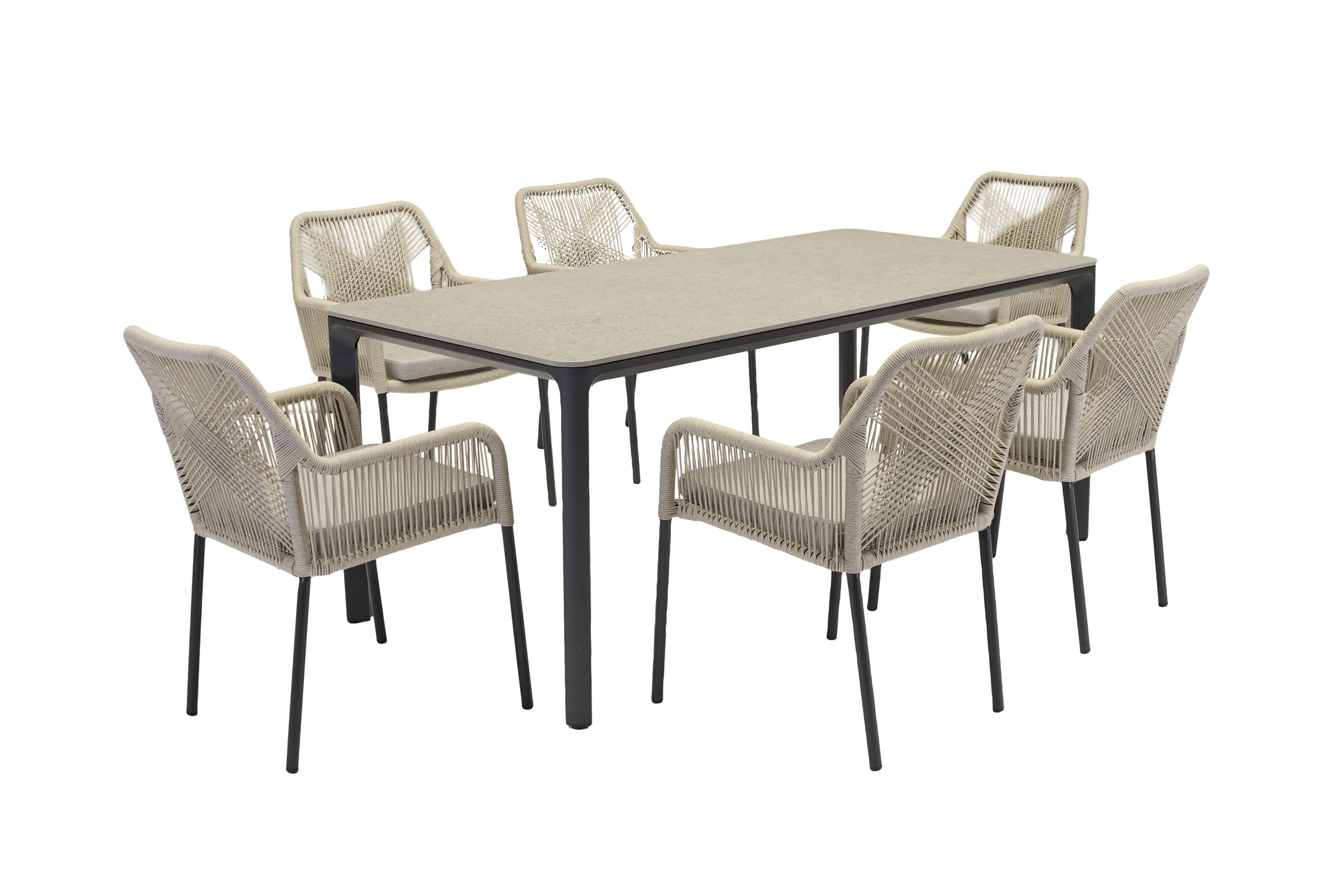 LC Garden »Stilo« Gartenset 7tlg. Esstisch 200x100 cm Sintered Stone Steingrau mit Armlehnstühlen Rope Natur