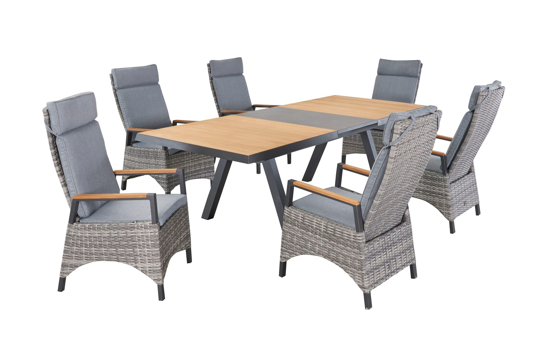 LC Garden »Kumasi« Gartenset I 7tlg. Esstisch 200/260x100cm Aluminium/Teakholz/Keramik + 6 Positionsstühle mit Teak-Armlehne