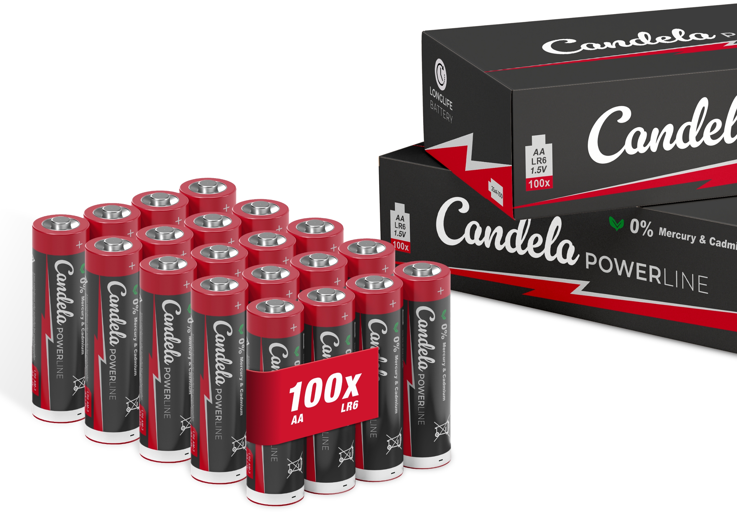 Candela Lights Powerline Batterien AA, 100er Pack, 1,5V Leistungsstark und langlebig, AA (LR6) Batterie für Haushalt und Büro