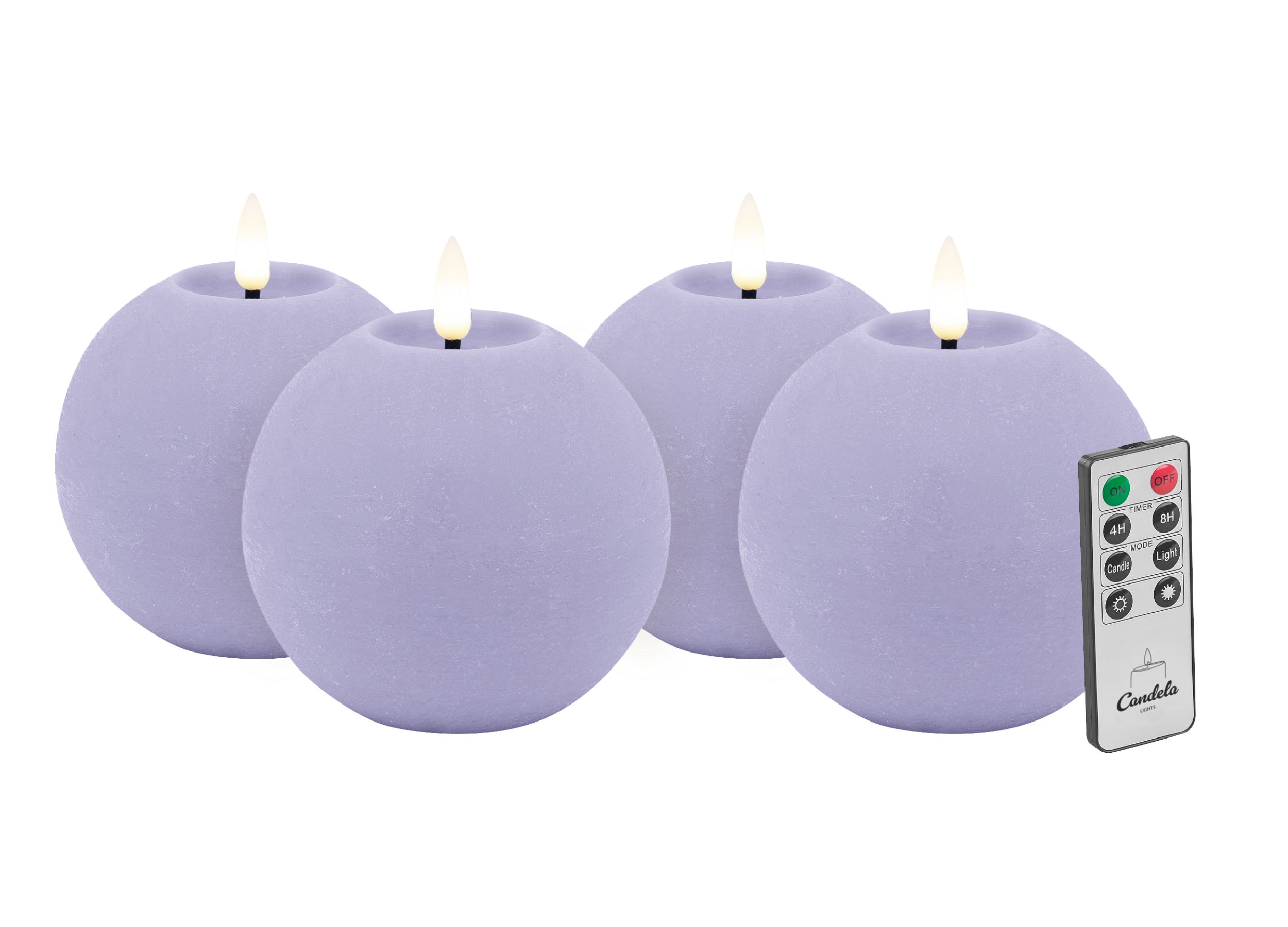 Candela LED Kerzen 4er Set H:8xØ10cm Summer Purple rustic Echtwachs mit Fernbedienung Timer Funktion & mehrstufig dimmbar flammenlos Echtwachskerzen Kugelkerze