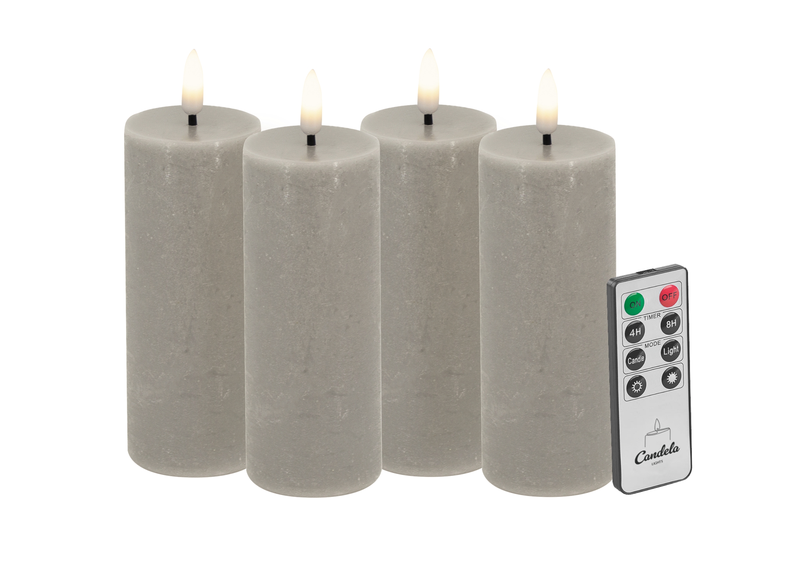 Candela LED Kerzen 4er Set H:10xØ5cm taupe rustic Echtwachs mit Fernbedienung Timer Funktion & mehrstufig dimmbar flammenlos Echtwachskerzen Stumpenkerze