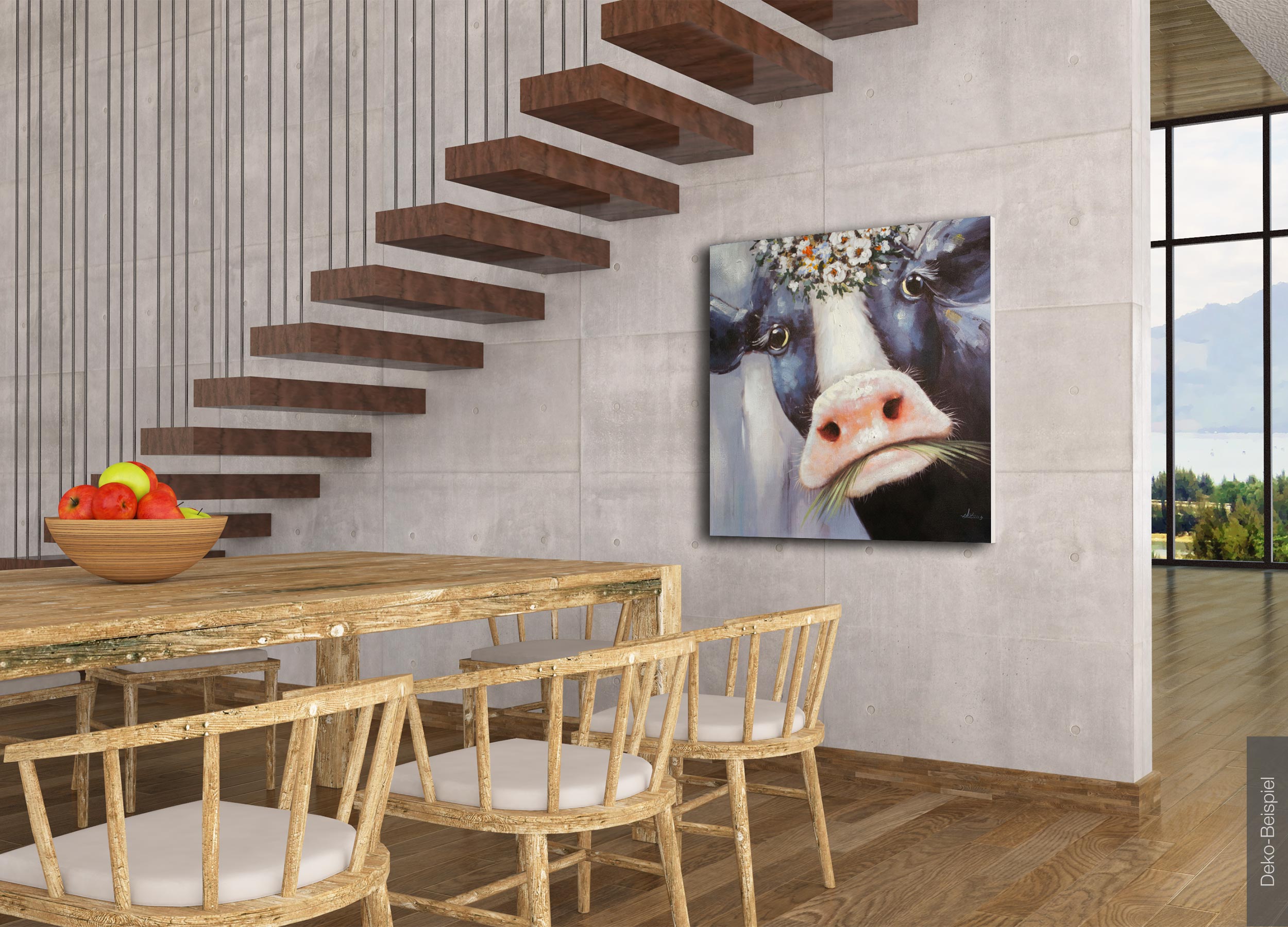 LC Home Designer Wandbild »Kuhkopf mit Blumen« handbemalt 100x100cm Ölbild