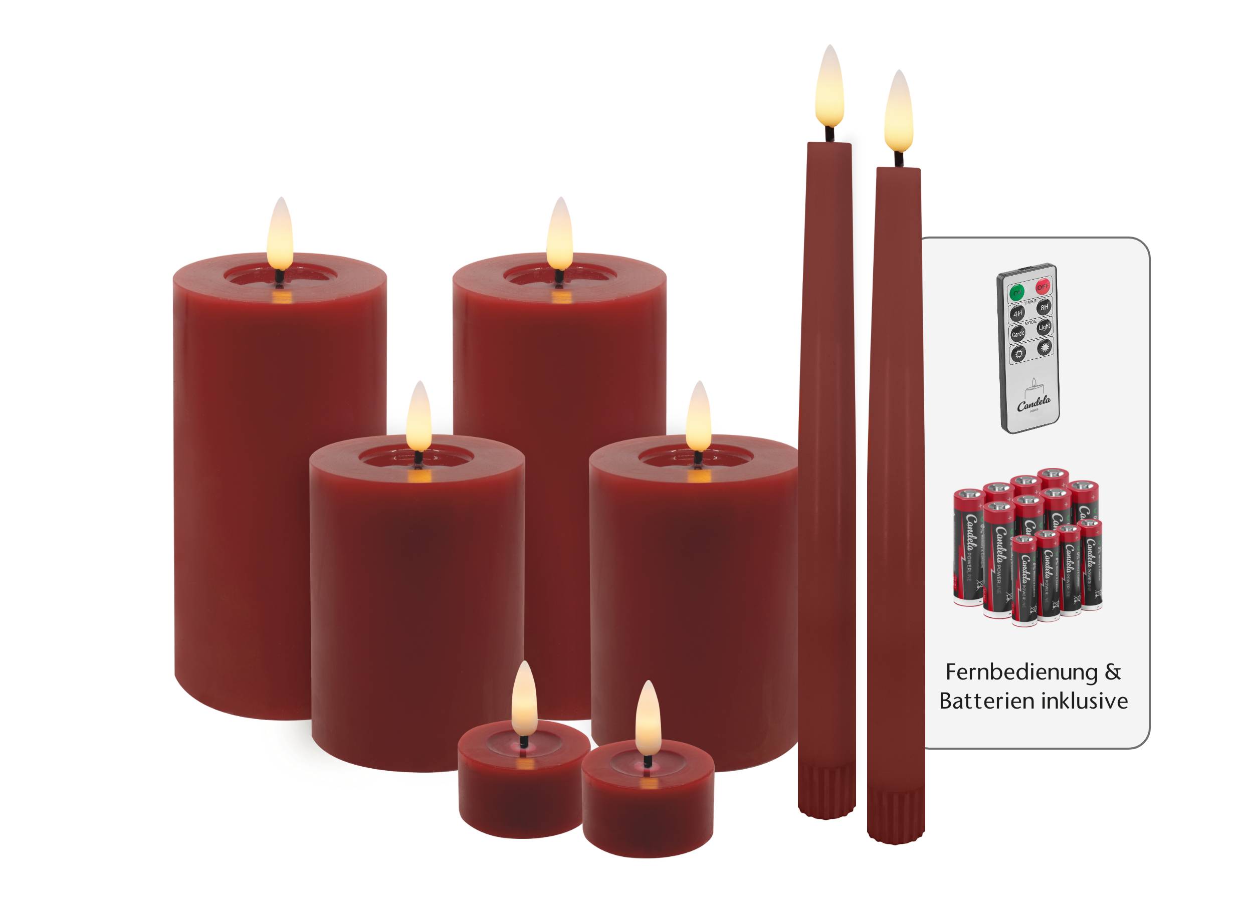 Candela Lights LED Kerzen 8er Set Winter Rot glatt Echtwachs inklusive Fernbedienung und Batterien Timer Funktion & mehrstufig dimmbar flammenlos Echtwachskerzen Stumpenkerzen