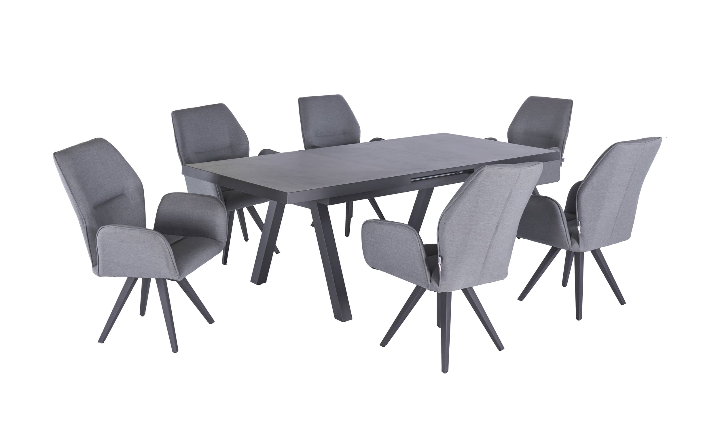 »Sunrino« Dining Set 7tlg. Flanelle Esstisch 160/210x100cm Aluminium/Keramik Beton-Optik + 6 Drehsesssel Sunbrella Sitzgruppe