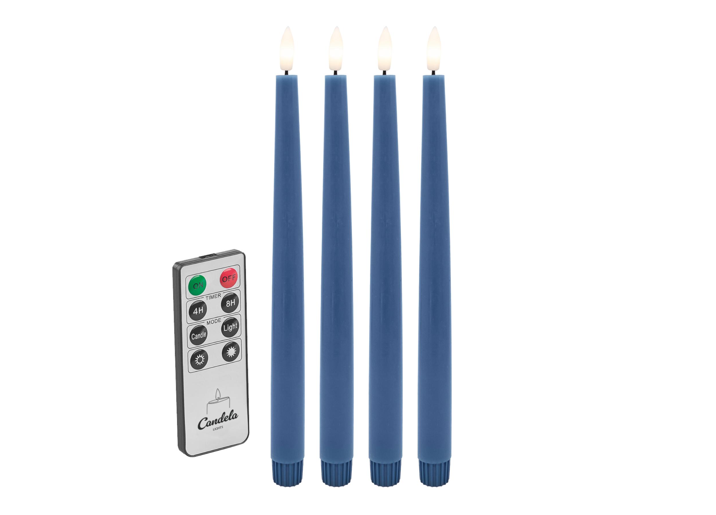 Candela Lights LED Echtwachs Stabkerze 4er Set rustic blau H:26,5xØ2,2cm mit Timerfunktion & Fernbedienung Dinnerkerzen dimmbar Tafelkerzen Spiralkerzen