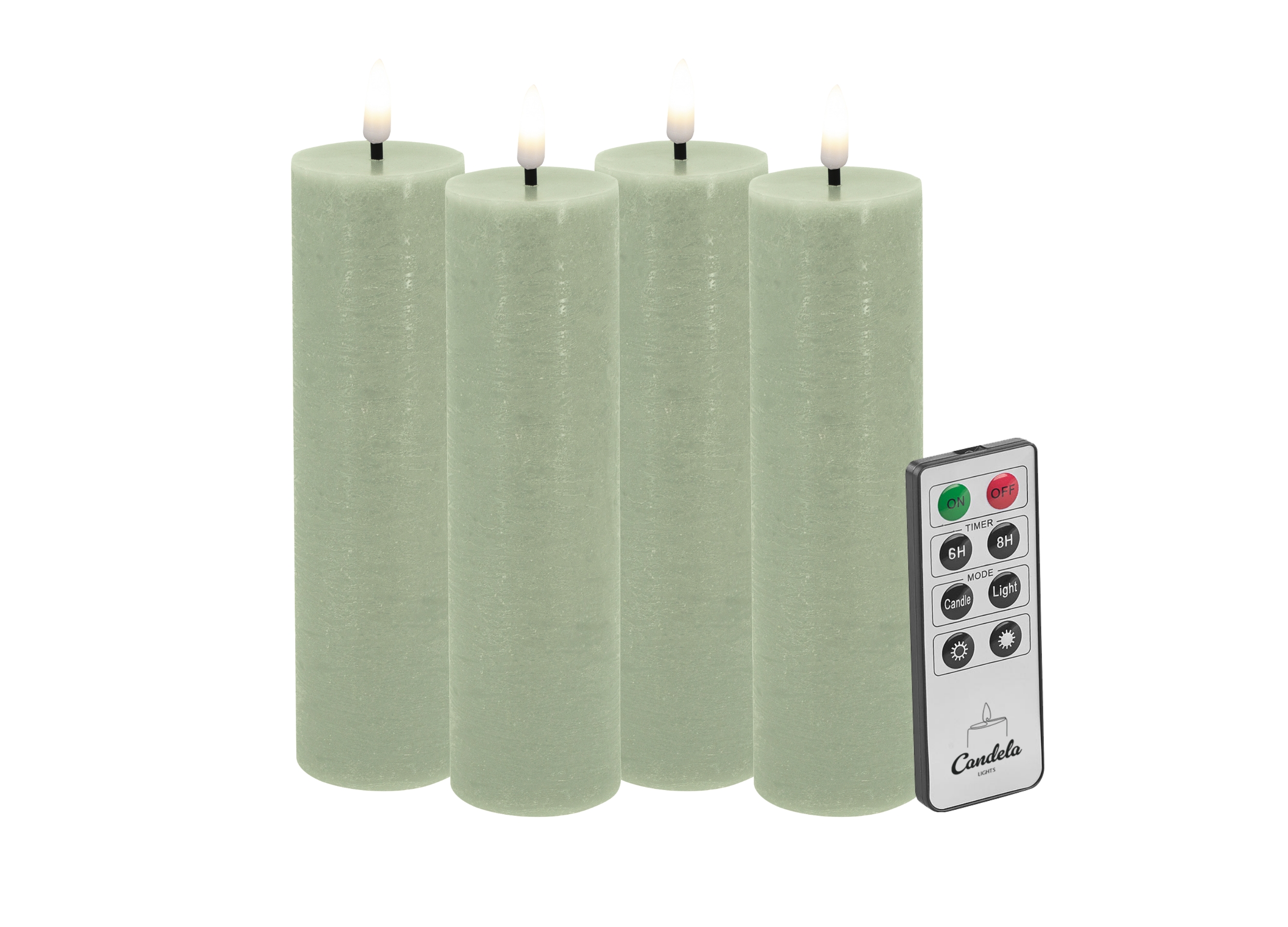 Candela LED Kerzen 4er Set H:10xØ5cm grün rustic Echtwachs mit Fernbedienung Timer Funktion & mehrstufig dimmbar flammenlos Echtwachskerzen Stumpenkerze