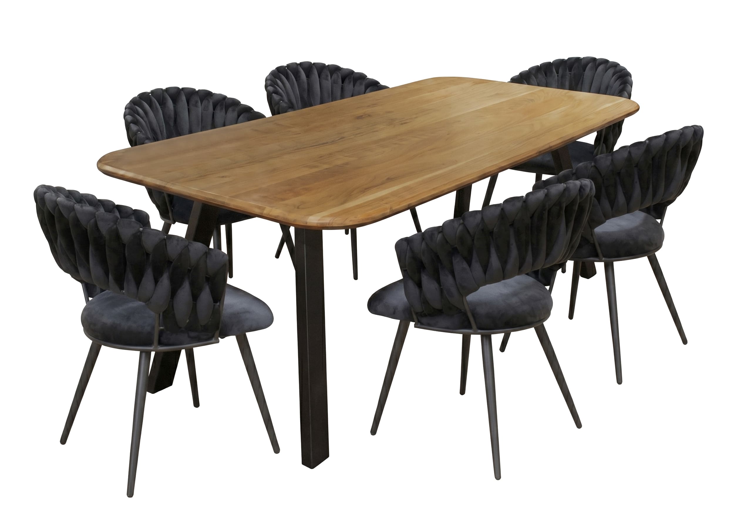 LC Home Essgruppe Nancy 7tlg. Esstisch Akazie 215x100cm + 6 Esszimmerstühle Nancy Schwarz