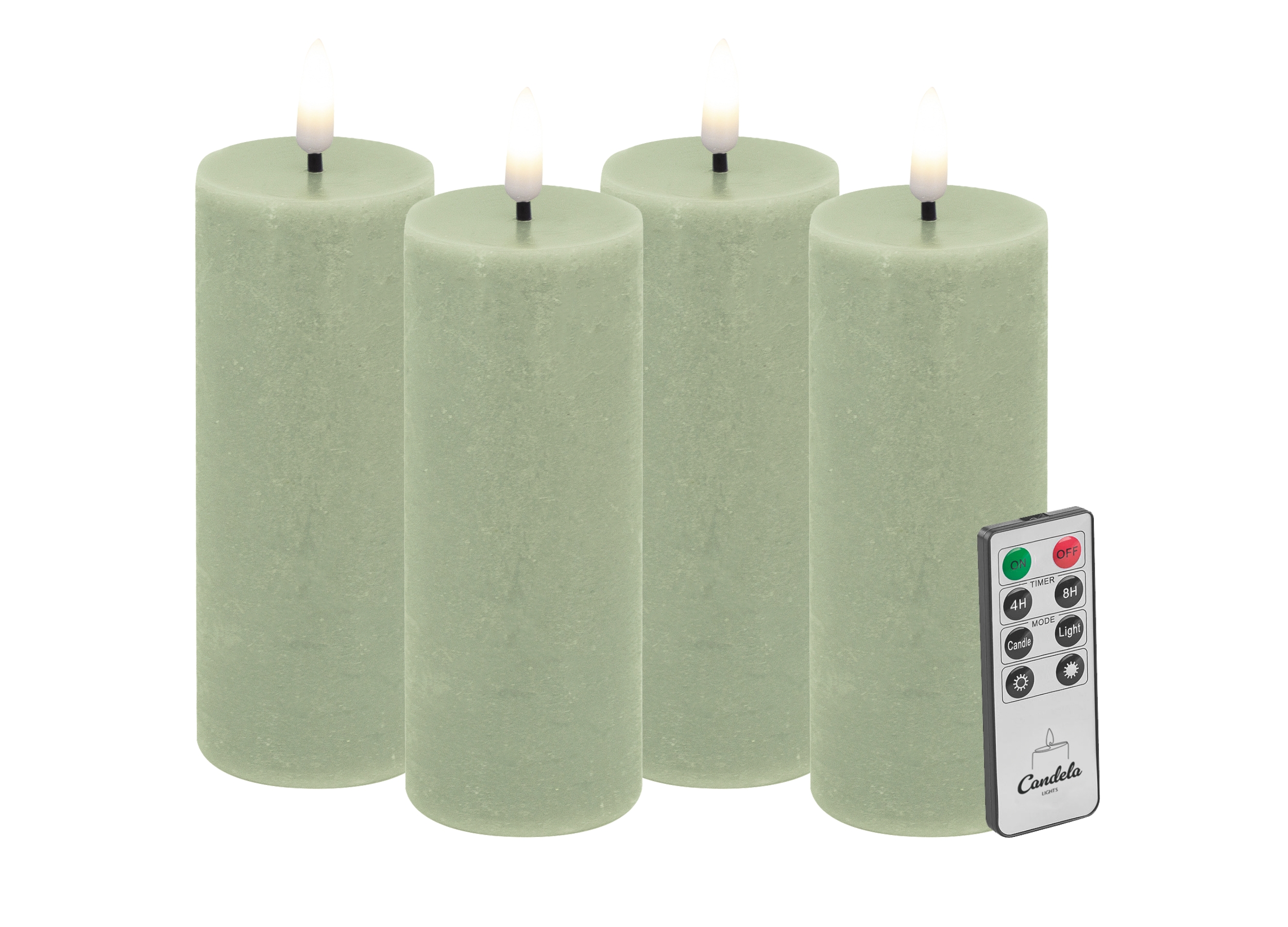 Candela LED Kerzen 4er Set H:10xØ5cm grün rustic Echtwachs mit Fernbedienung Timer Funktion & mehrstufig dimmbar flammenlos Echtwachskerzen Stumpenkerze