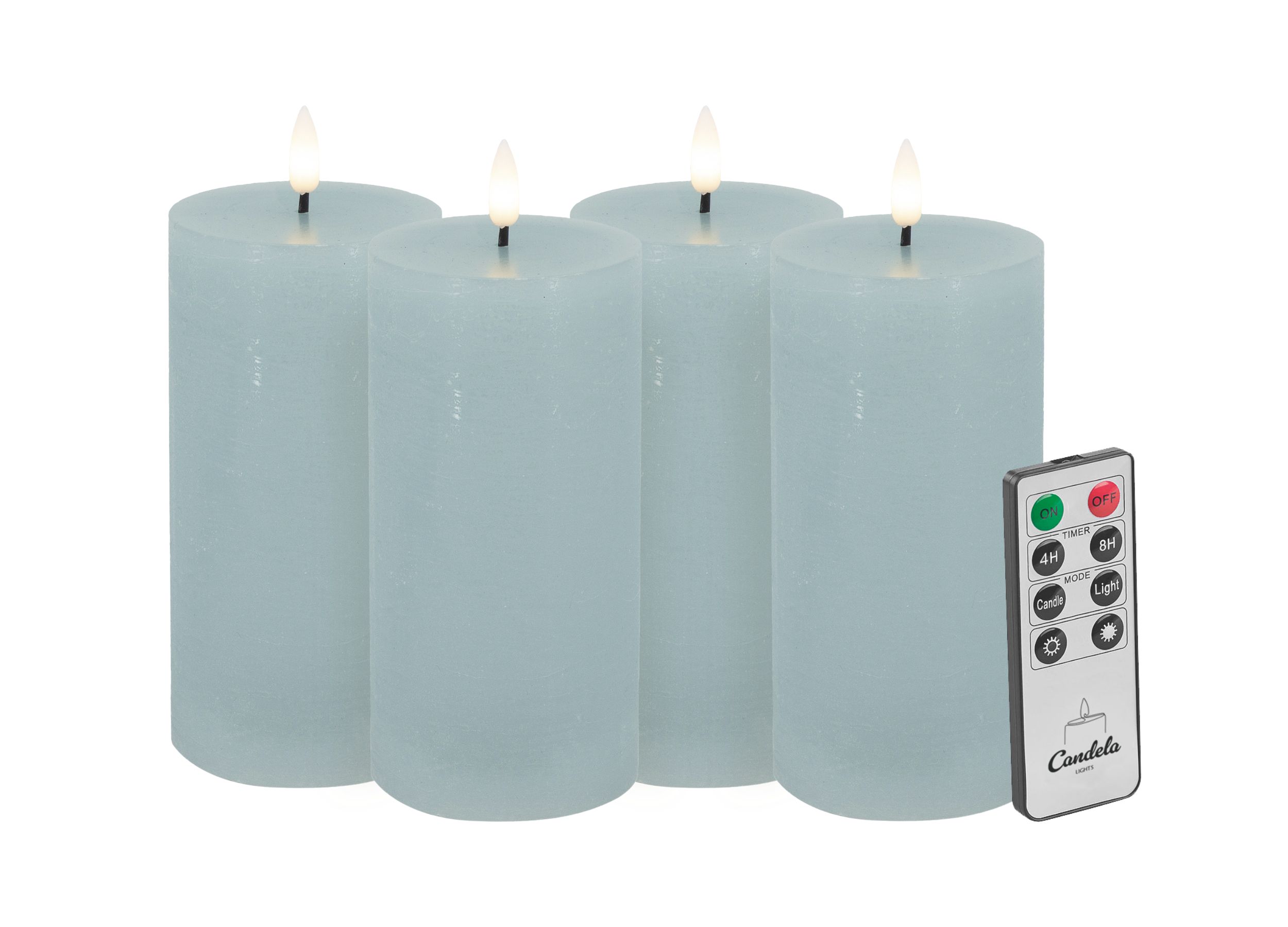 Candela LED Kerzen 4er Set H:15xØ7,5cm Summer Blue rustic Echtwachs mit Fernbedienung Timer Funktion & mehrstufig dimmbar flammenlos Echtwachskerzen Stumpenkerze