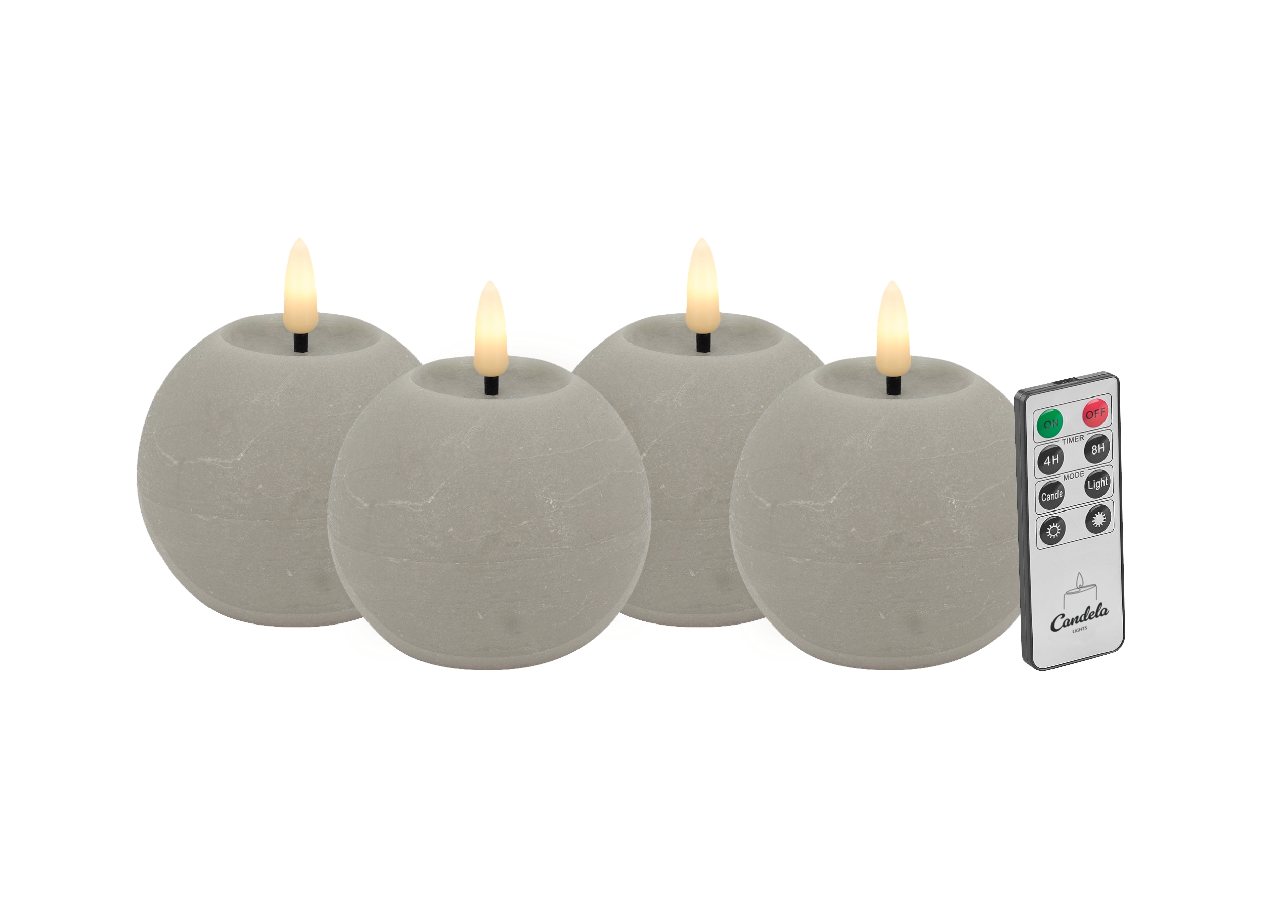 Candela Lights LED Kerzen 4er Set H:7xØ8cm taupe rustic Echtwachs mit Fernbedienung Timer Funktion & mehrstufig dimmbar flammenlos Echtwachskerzen Kugelkerze