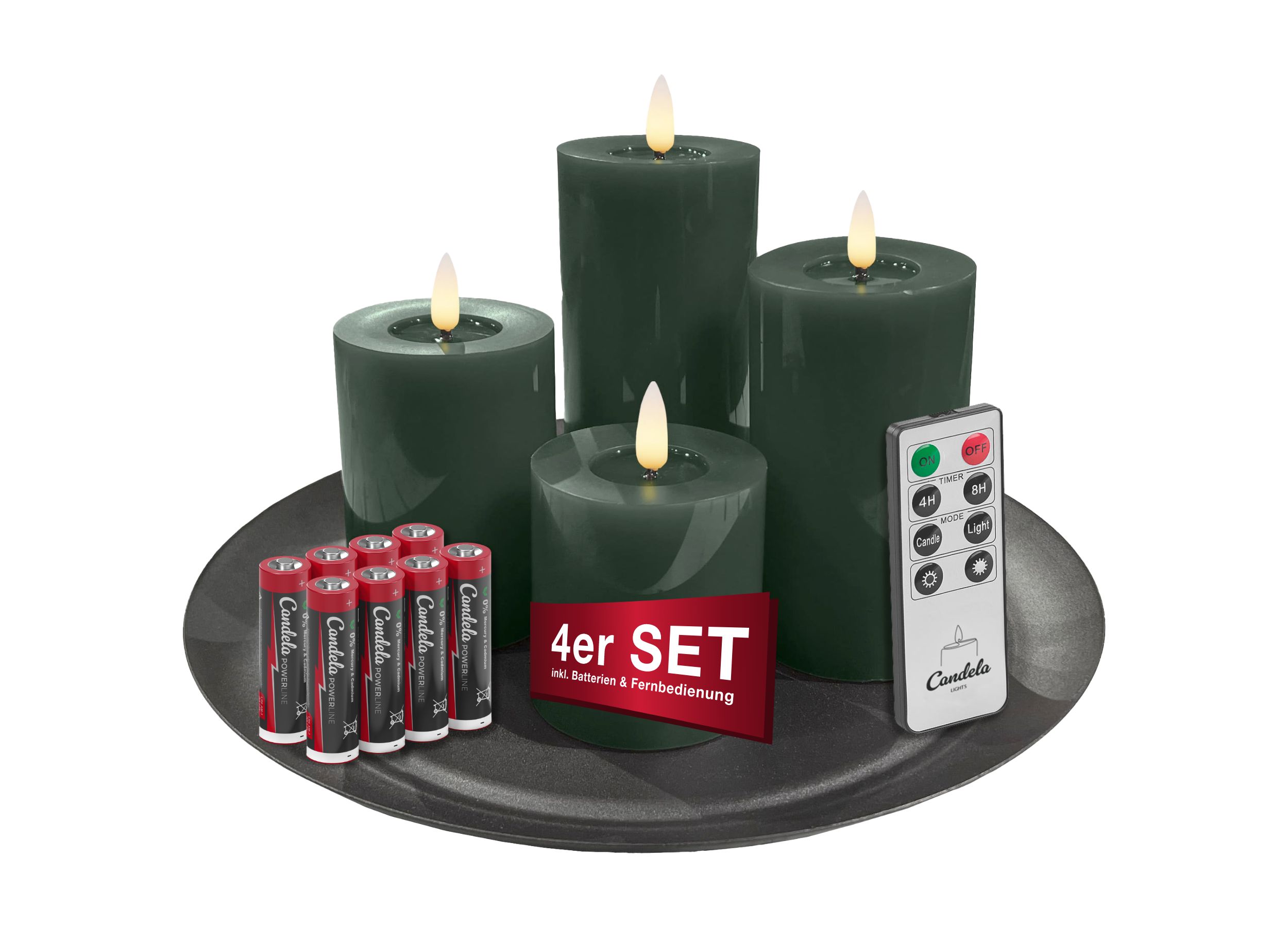 Candela Lights LED Kerzen 4er Set Winter Kollektion Echtwachs Stumpenkerzen grün inkl. Fernbedienung, Dekoteller & Batterien Timer & dimmbar