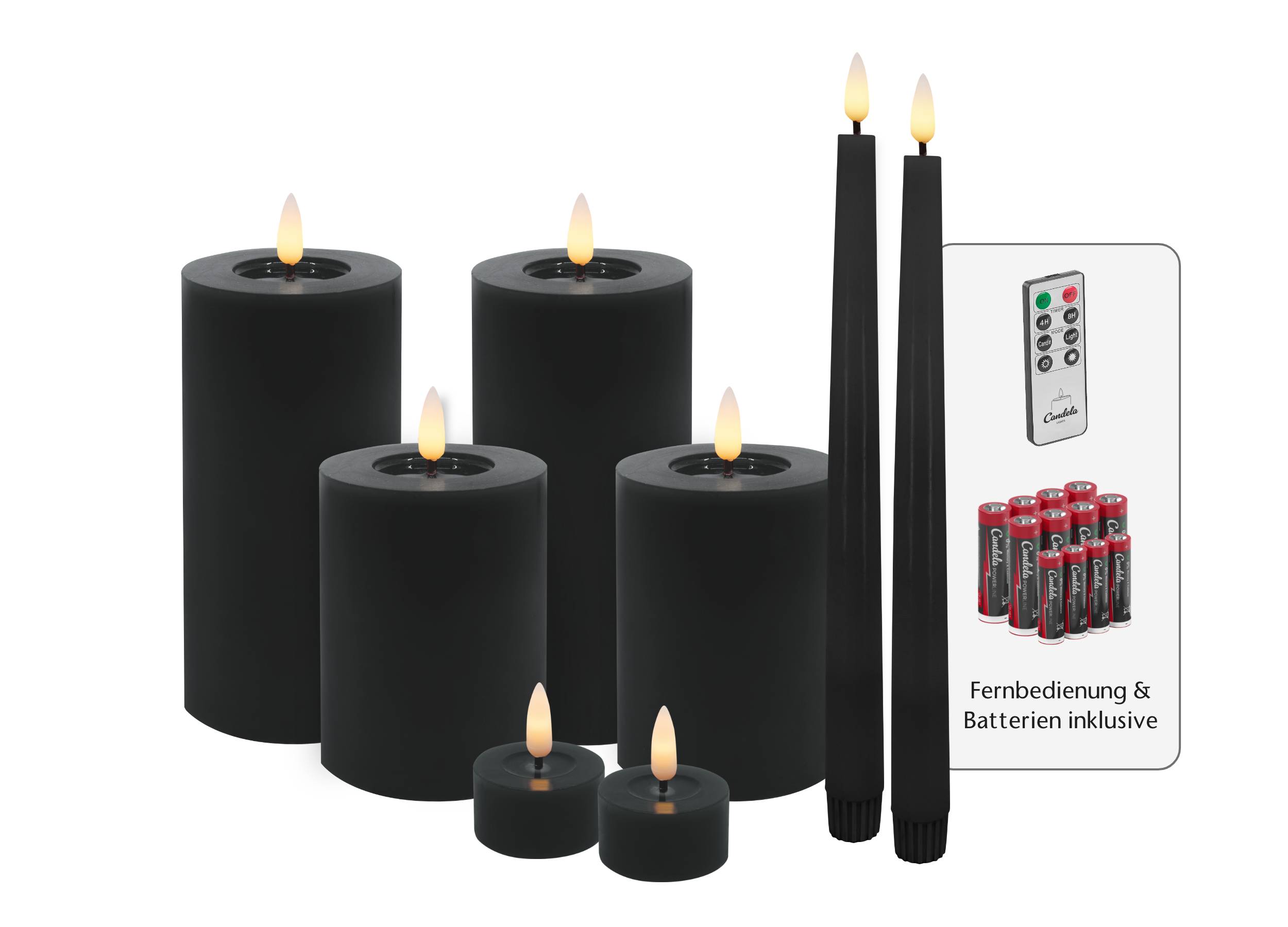 Candela Lights LED Kerzen 8er Set Winter Schwarz glatt Echtwachs inklusive Fernbedienung und Batterien Timer Funktion & mehrstufig dimmbar flammenlos Echtwachskerzen Stumpenkerzen Candela Lights LED Kerzen 8er Set Winter Schwarz glatt Echtwachs inklusive Fernbedienung und Batterien Timer Funktion & mehrstufig dimmbar flammenlos Echtwachskerzen Stumpenkerzen