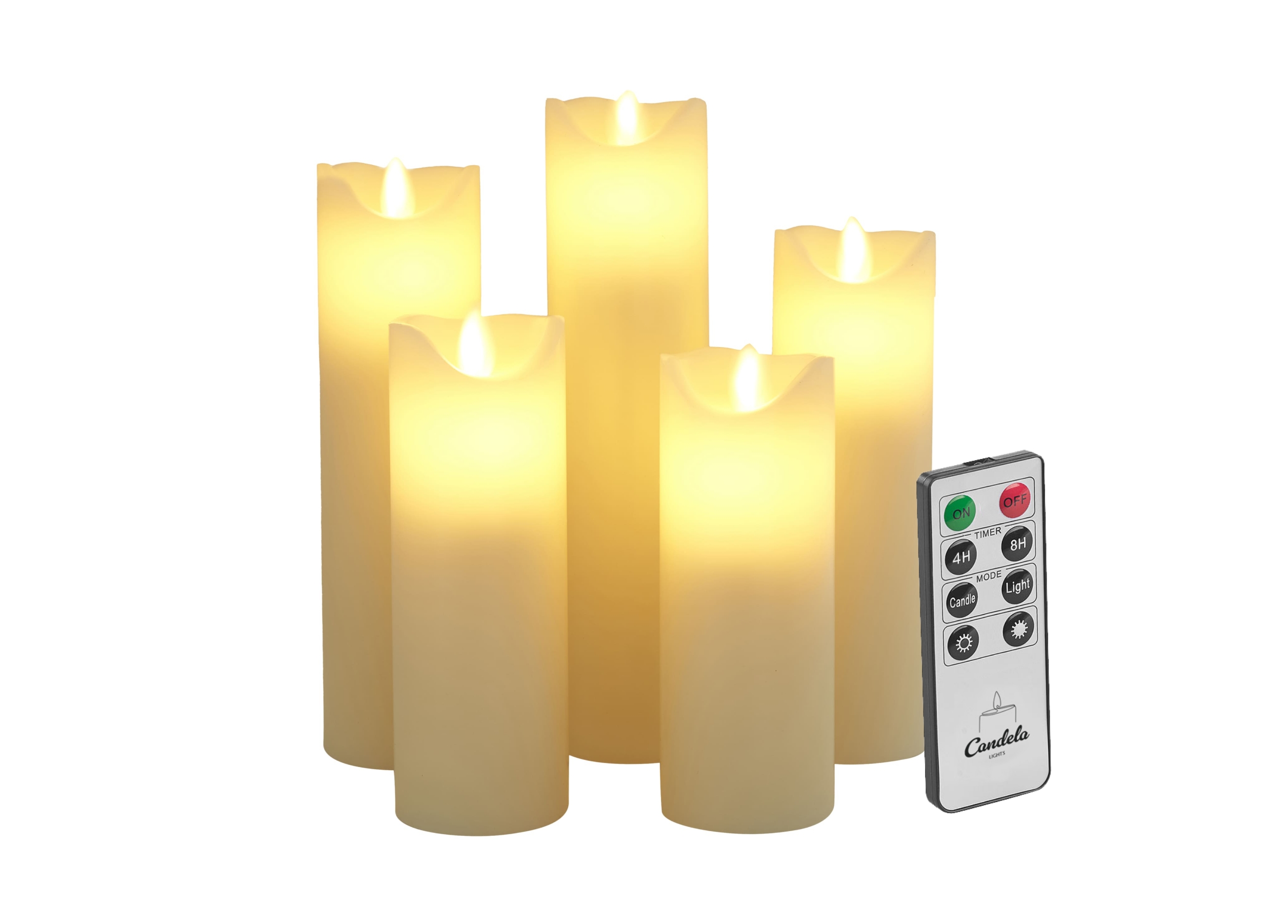 Candela Lights LED Kerzen 5er Set Stumpenkerze creme Echtwachs mit Fernbedienung Timer Funktion & mehrstufig dimmbar bewegliche Flamme Echtwachskerzen