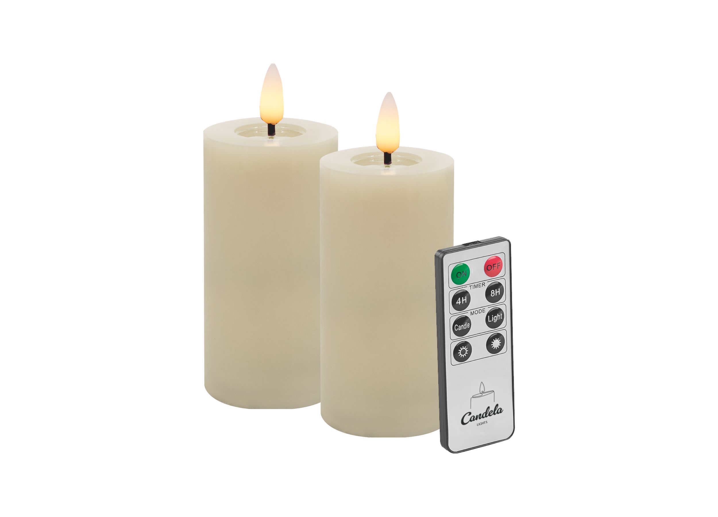 Candela LED Kerzen 2er Set H:10xØ5cm Winter creme glatt Echtwachs mit Fernbedienung Timer Funktion & mehrstufig dimmbar flammenlos Echtwachskerzen Stumpenkerze