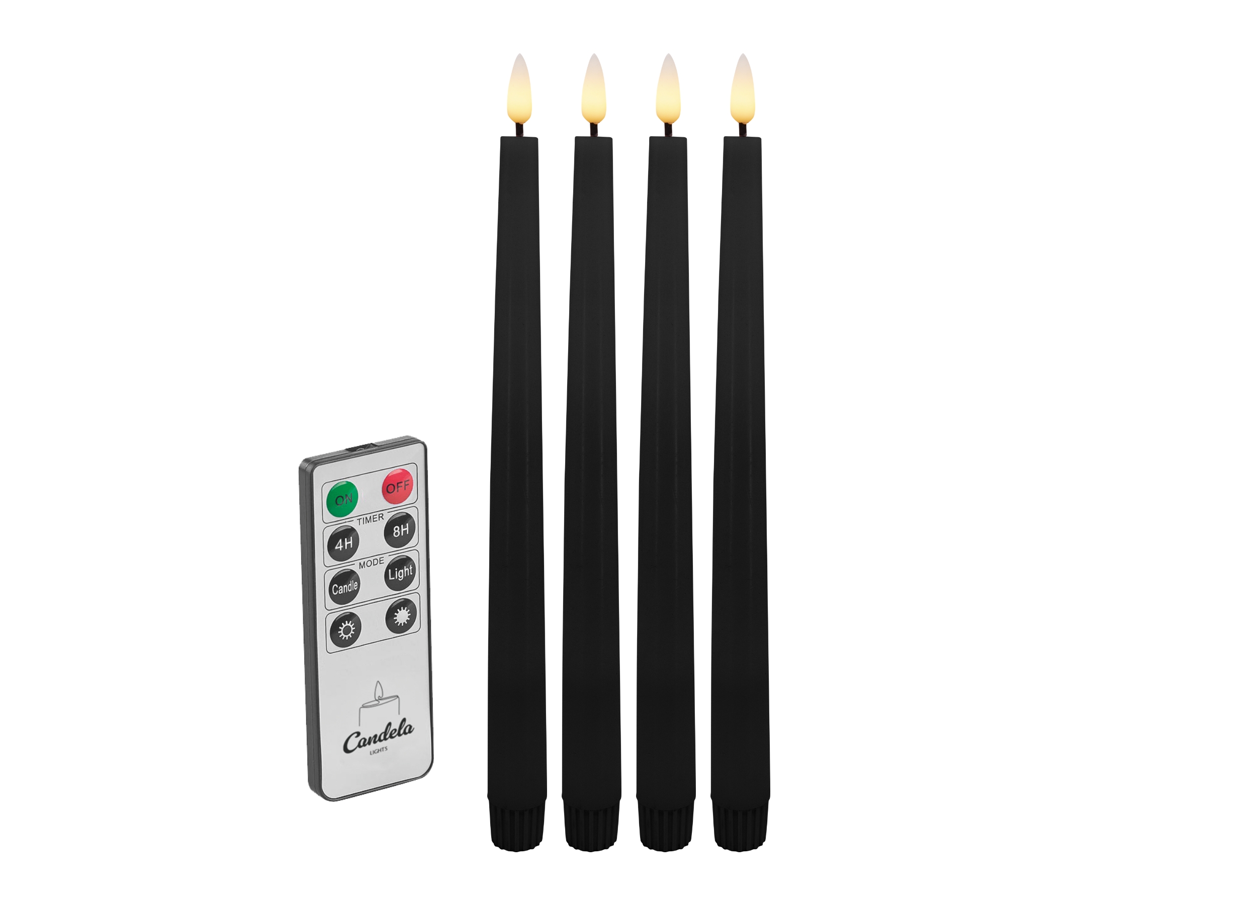 Candela Lights LED Echtwachs Stabkerze 4er Set Winter schwarz H:26,5xØ2,2cm mit Timerfunktion & Fernbedienung Dinnerkerzen dimmbar Tafelkerzen Spiralkerzen