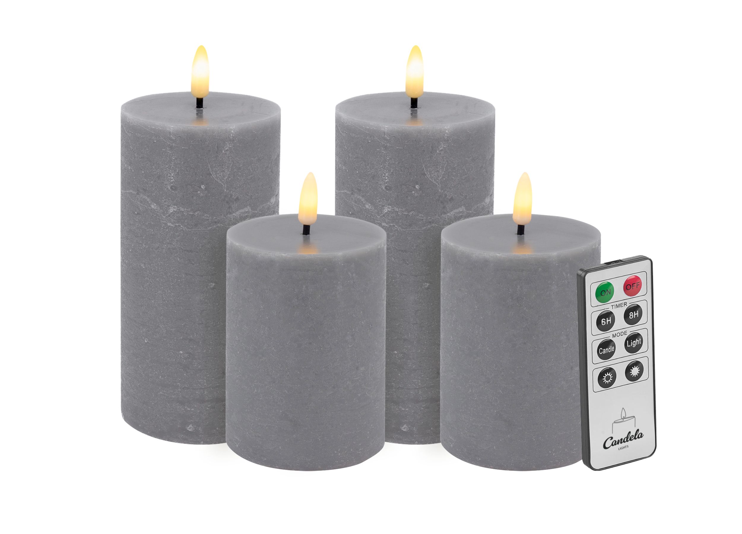 Candela Lights LED Kerzen 4er Set Stumpenkerze grau rustic Echtwachs mit Fernbedienung Timer Funktion & mehrstufig dimmbar flammenlos Echtwachskerzen