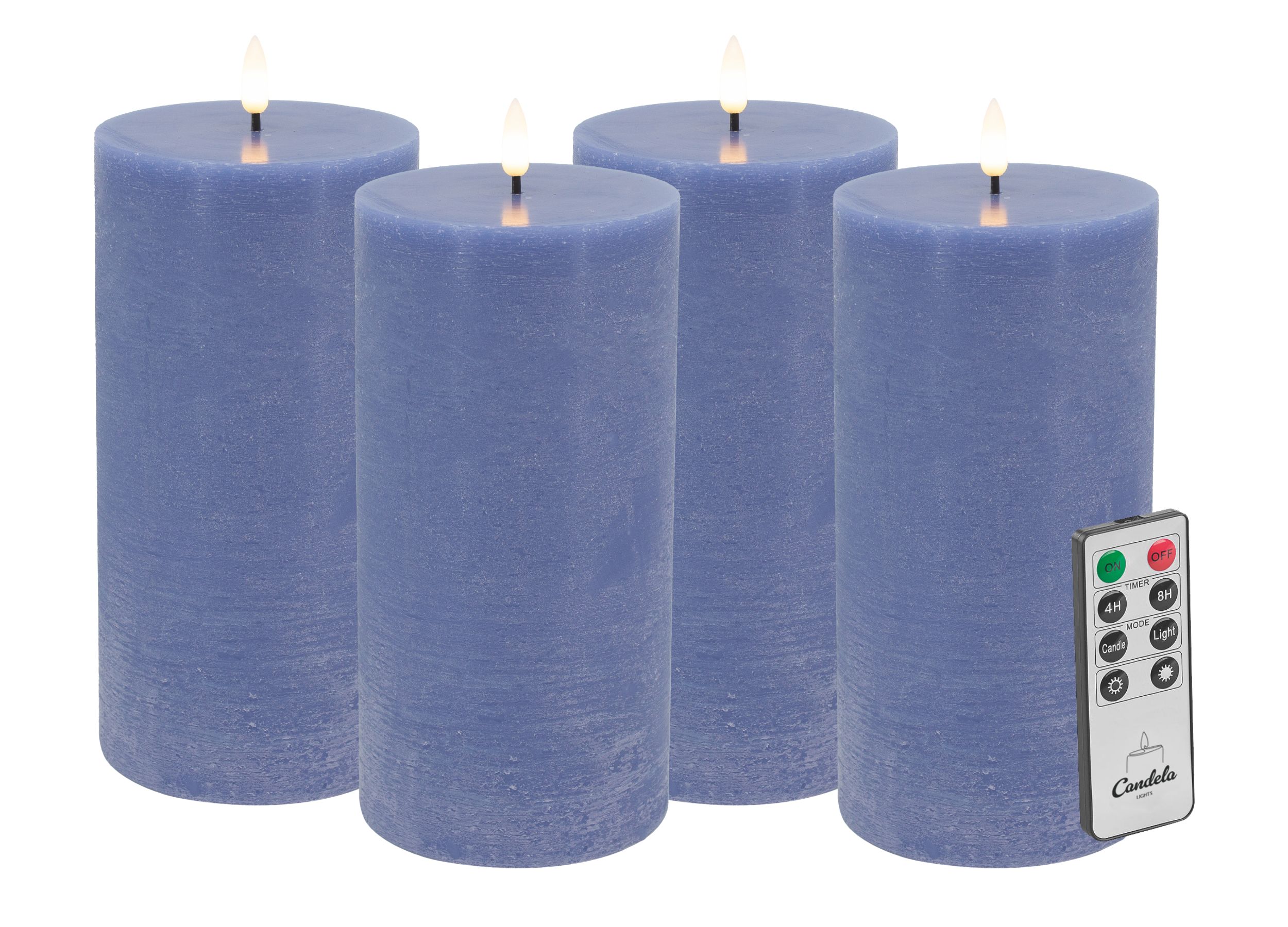 Candela Lights LED Kerzen 4er Set H:20xØ10cm blau rustic Stumpenkerze Echtwachs mit Fernbedienung & Timerfunktion Flammenlose flackernde LED-Kerze mehrstufig dimmbar