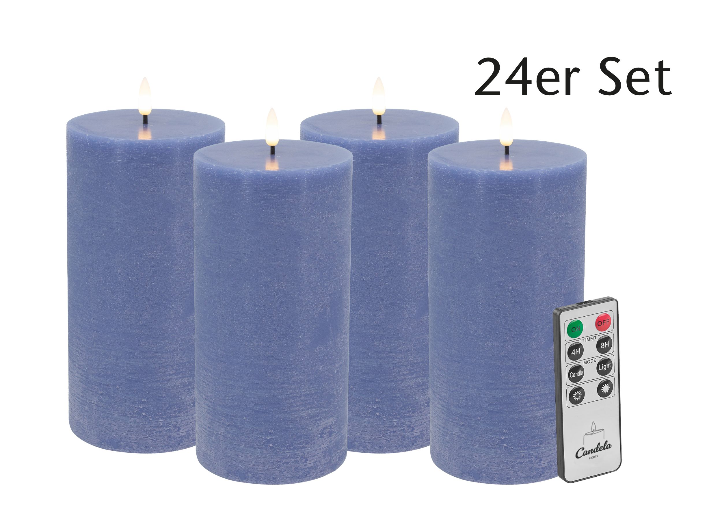 Candela Lights LED Kerzen 24er Set H:20xØ10cm blau rustic Stumpenkerze Echtwachs mit Fernbedienung & Timerfunktion Flammenlose flackernde LED-Kerze mehrstufig dimmbar