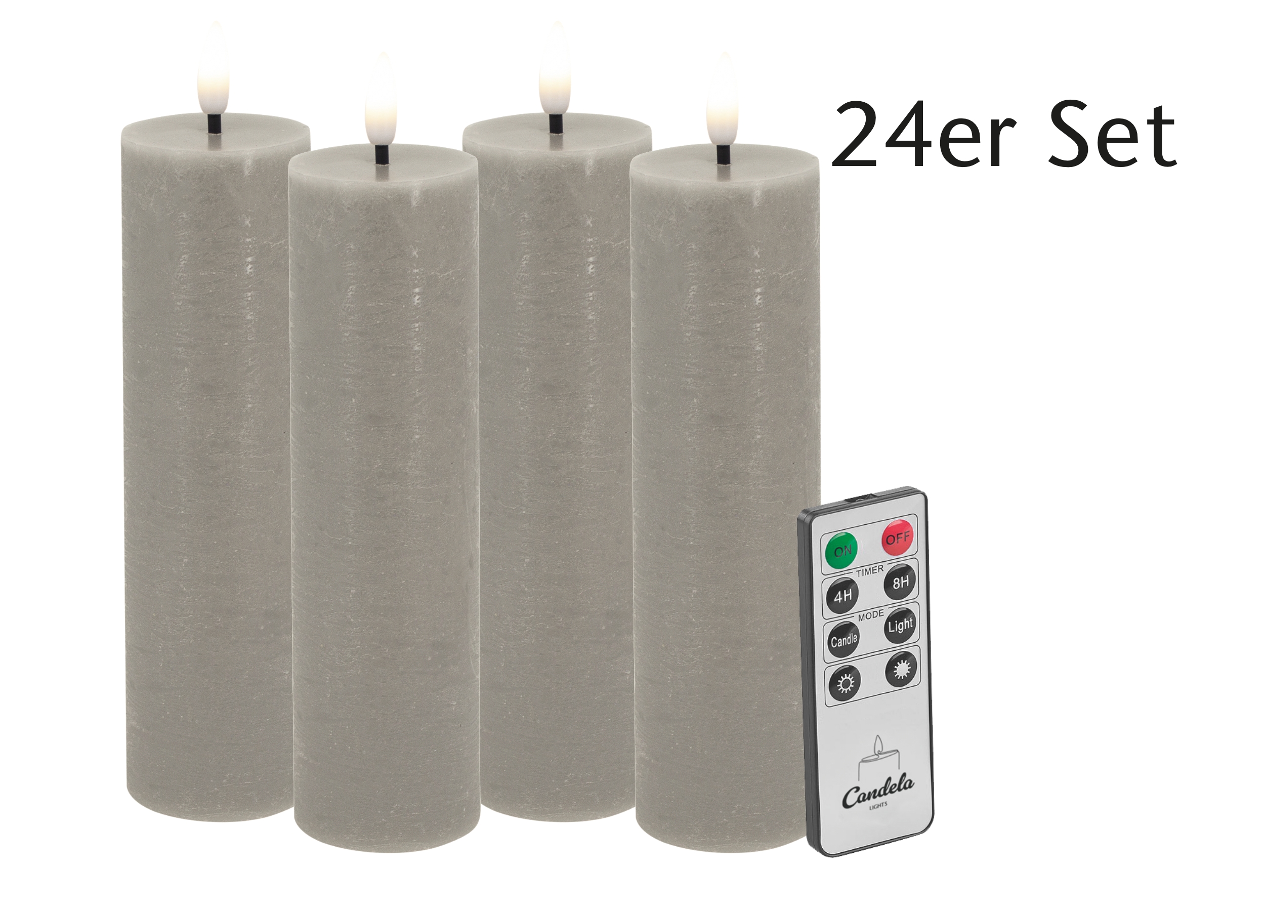 Candela LED Kerzen 24er Set H:17,5xØ5cm taupe rustic Echtwachs mit Fernbedienung Timer Funktion & mehrstufig dimmbar flammenlos Echtwachskerzen Stumpenkerze