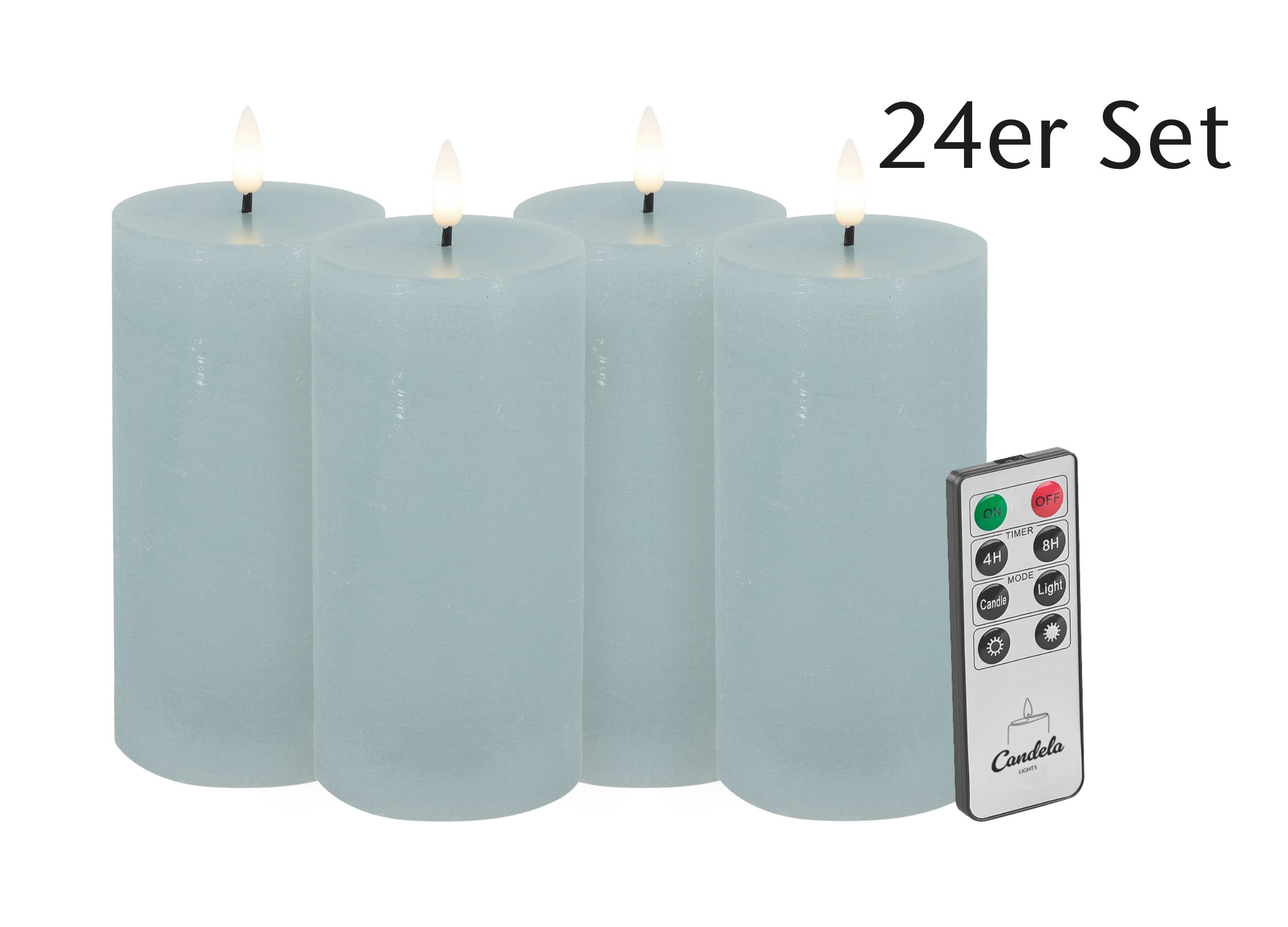 Candela LED Kerzen 24er Set H:15xØ7,5cm Summer Blue rustic Echtwachs mit Fernbedienung Timer Funktion & mehrstufig dimmbar flammenlos Echtwachskerzen Stumpenkerze
