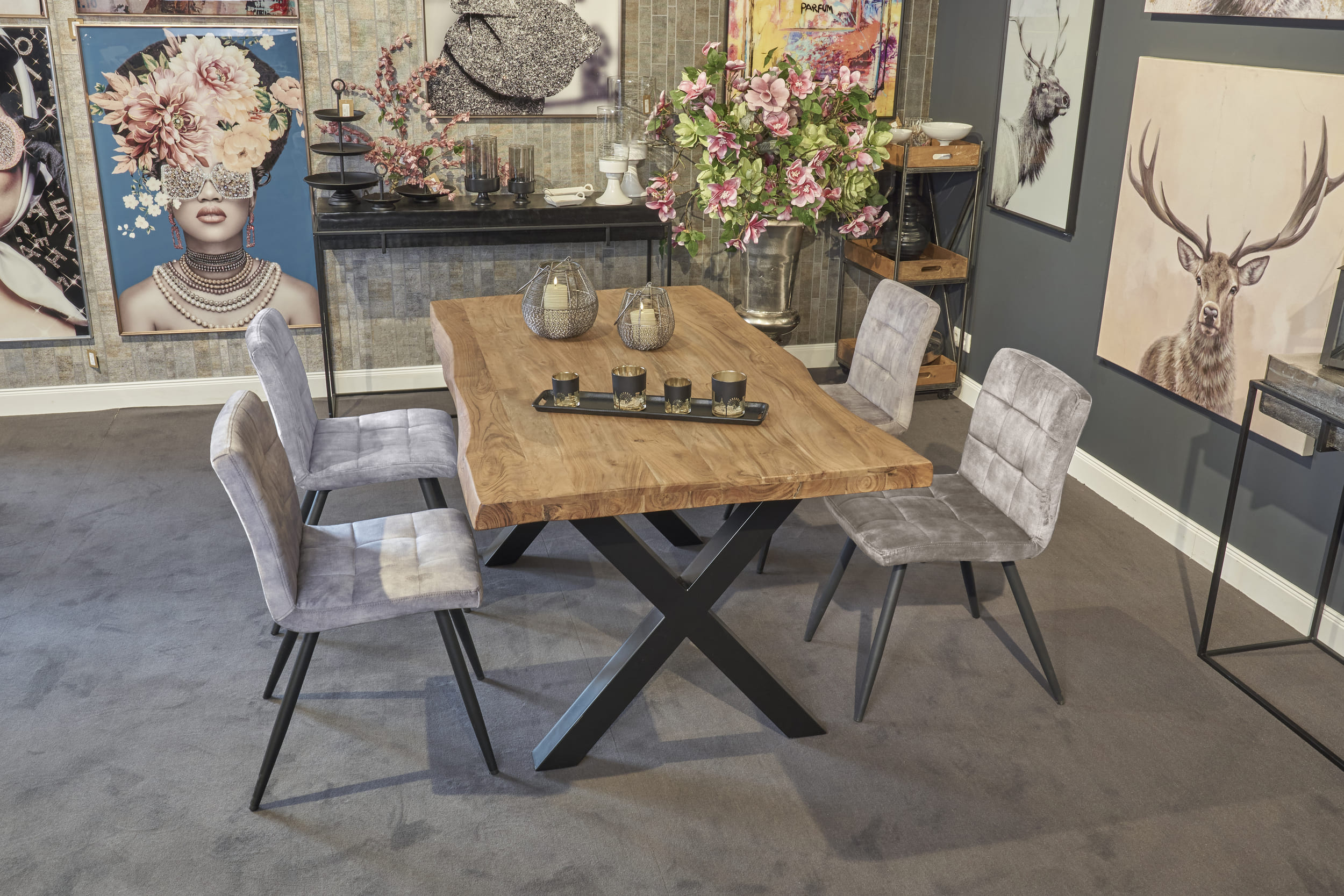 LC Home Essgruppe Barnet 5tlg. Esstisch Wildeiche X-Gestell 160cm + 4 Esszimmerstühle Samt Hellgrau
