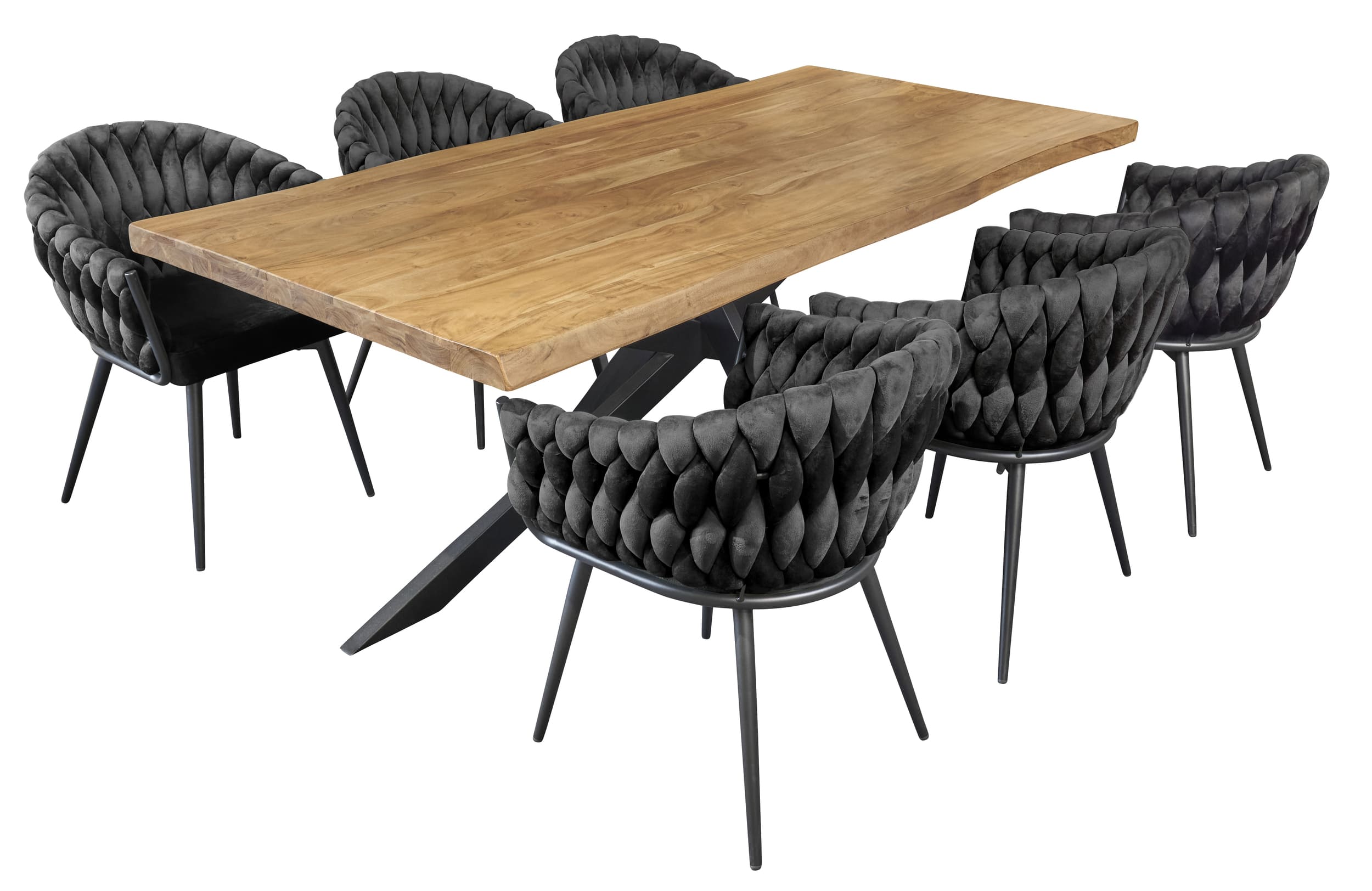 LC Home Essgruppe Remy 7tlg. Esstisch Wildeiche Stern-Gestell 220x100cm + 6 Esszimmerstühle Remy Schwarz