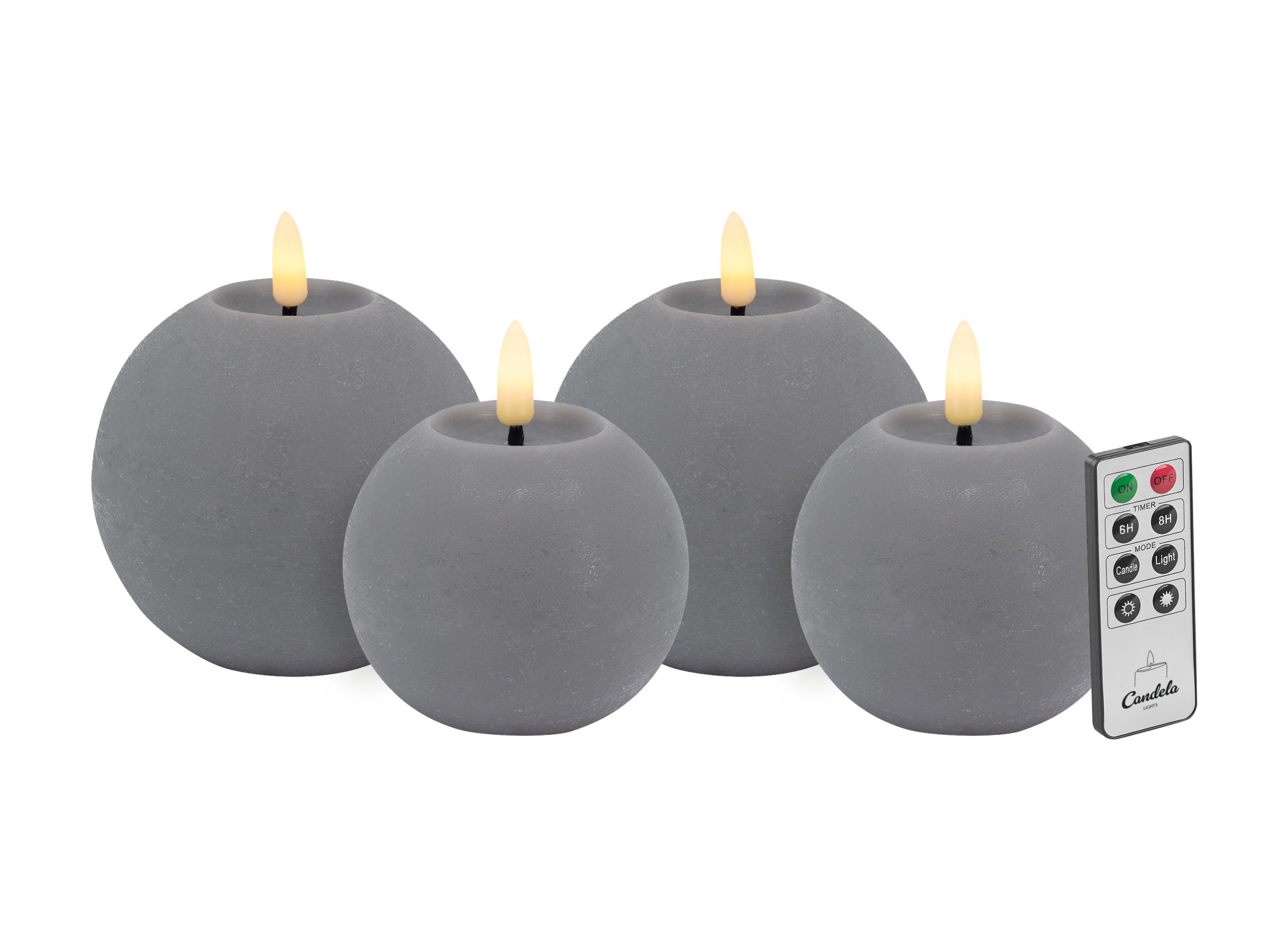 Candela Lights LED Kerzen 4er Set Kugelkerze grau rustic Echtwachs mit Fernbedienung Timer Funktion & mehrstufig dimmbar flammenlos Echtwachskerzen