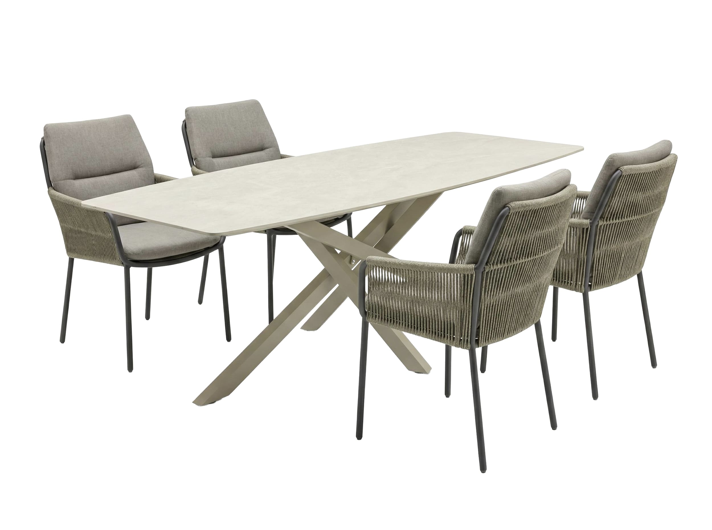 LC Garden »Como« Gartenset 200cm Gartentisch Beton-Optik & 4er Set Armlehnstühle Taupe Rope
