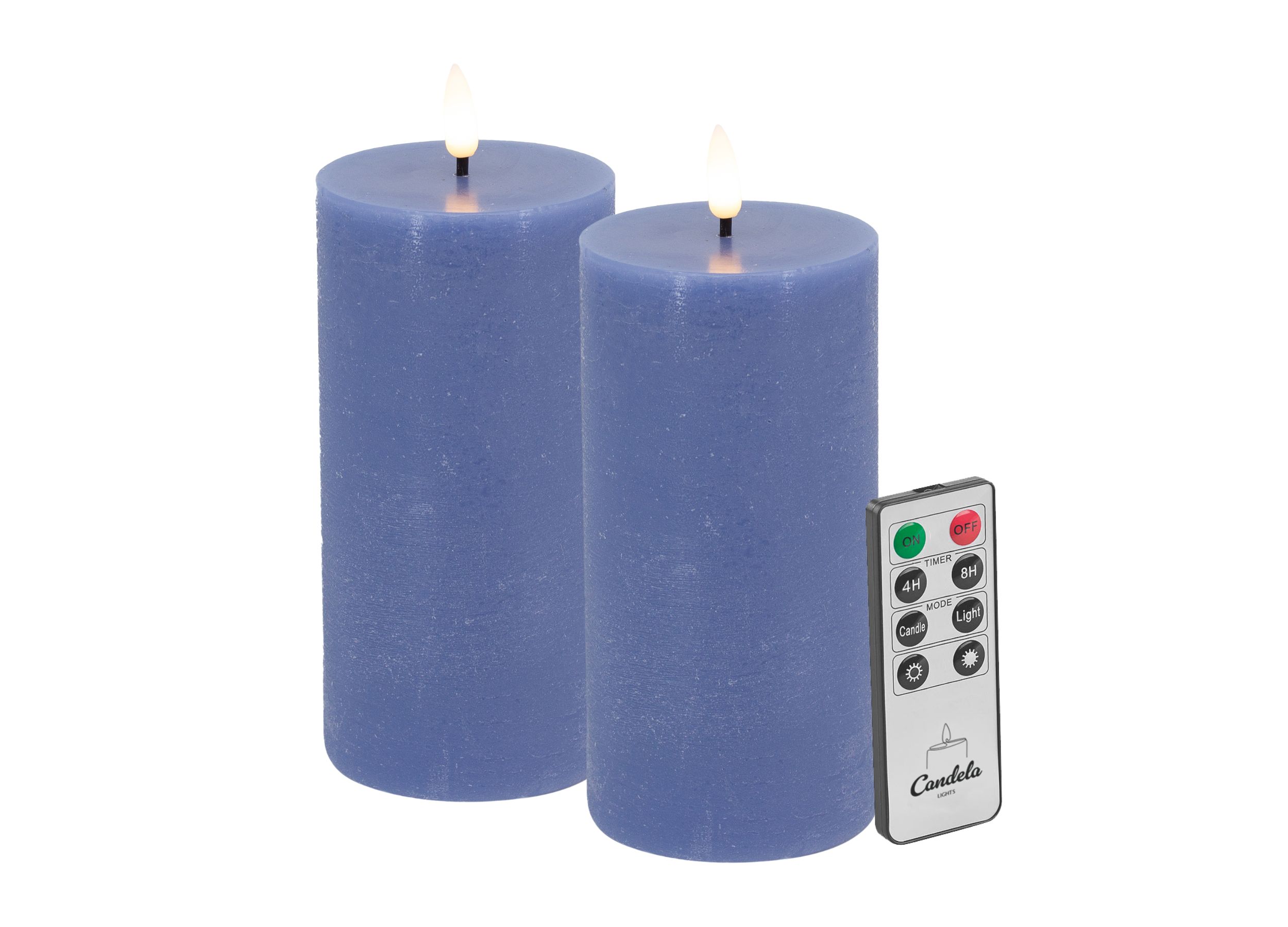 Candela LED Kerzen 2er Set H:15xØ7,5cm blau rustic Echtwachs mit Fernbedienung Timer Funktion & mehrstufig dimmbar flammenlos Echtwachskerzen Stumpenkerze