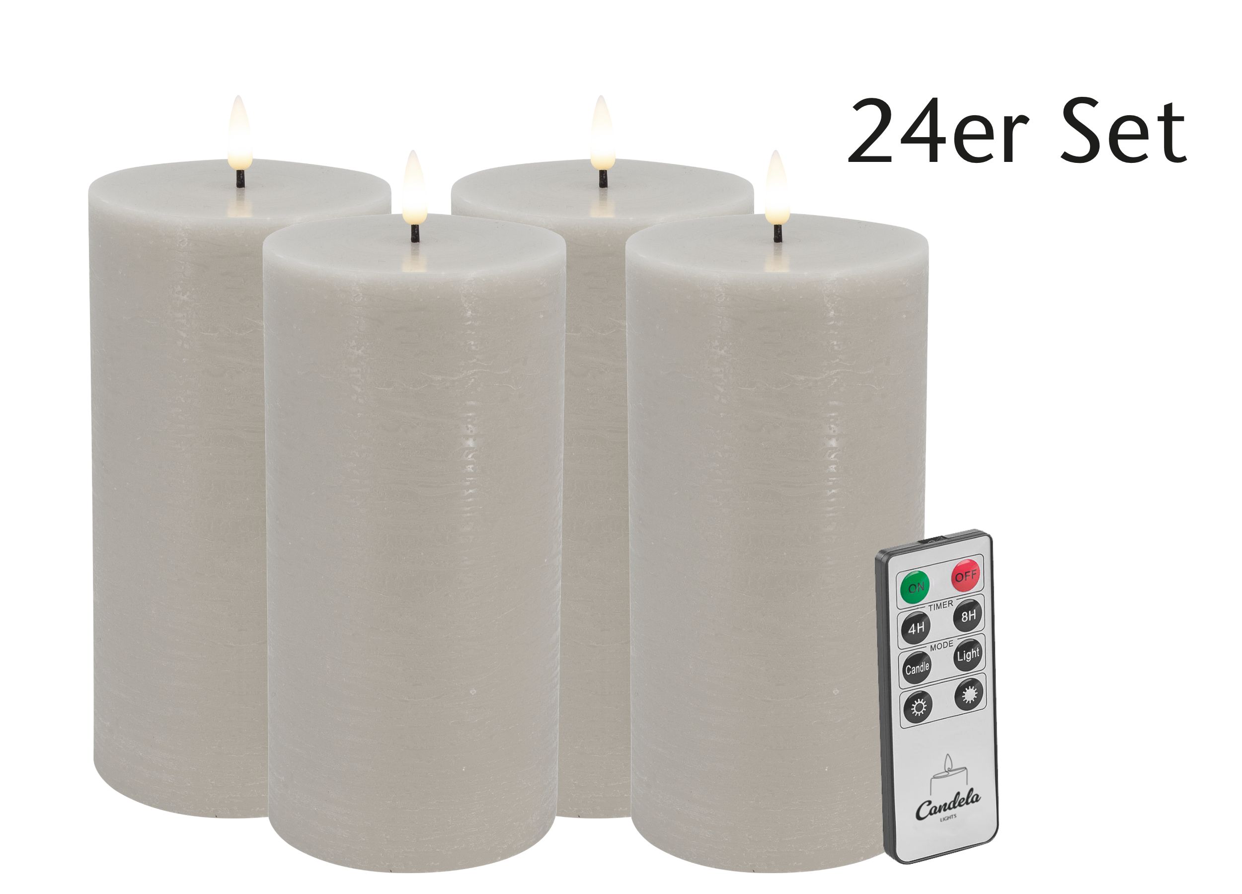 Candela Lights LED Kerzen 24er Set H:20xØ10cm sand rustic Stumpenkerze Echtwachs mit Fernbedienung & Timerfunktion Flammenlose flackernde LED-Kerze mehrstufig dimmbar