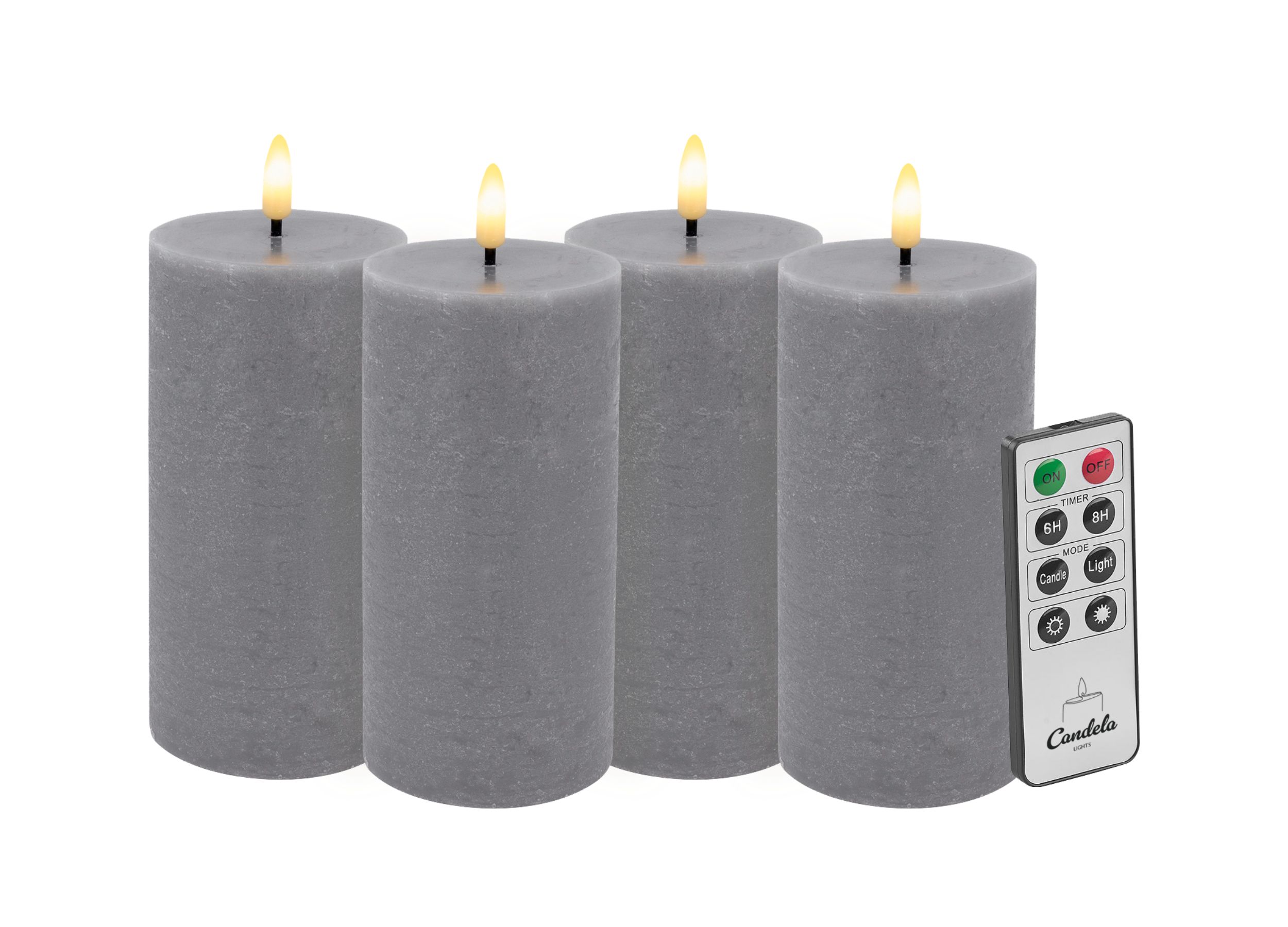Candela Lights LED Kerzen 4er Set H:15xØ7,5cm rustic Echtwachs mit Fernbedienung Timer Funktion & mehrstufig dimmbar flammenlos Echtwachskerzen Stumpenkerze Candela Lights LED Kerzen 4er Set H:15xØ7,5cm rustic Echtwachs mit Fernbedienung Timer Funktion & mehrstufig dimmbar flammenlos Echtwachskerzen Stumpenkerze