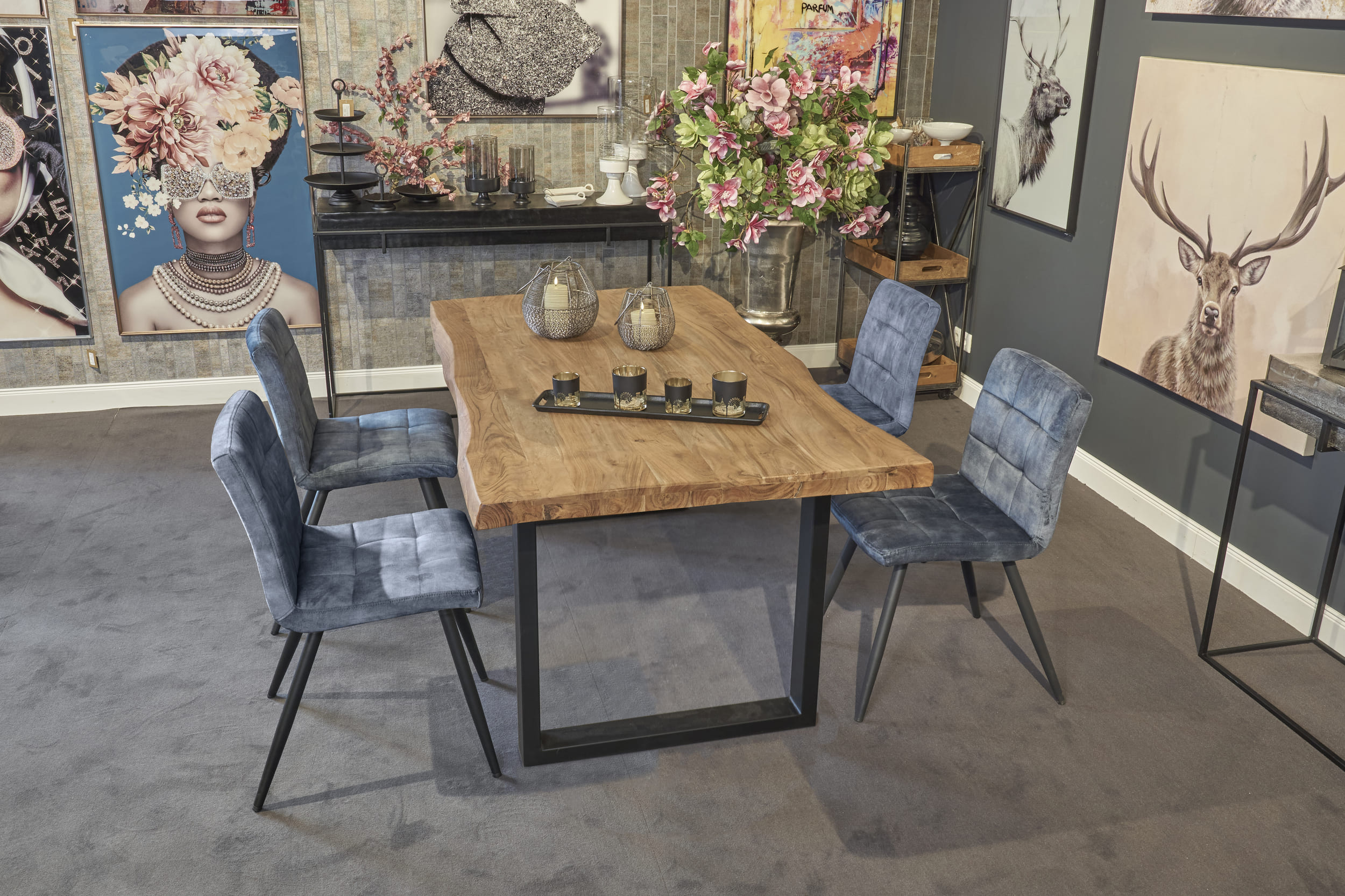 LC Home Essgruppe Moderner 5tlg. Esstisch Akazie U-Gestell 160cm + 4 Esszimmerstühle Samt blau