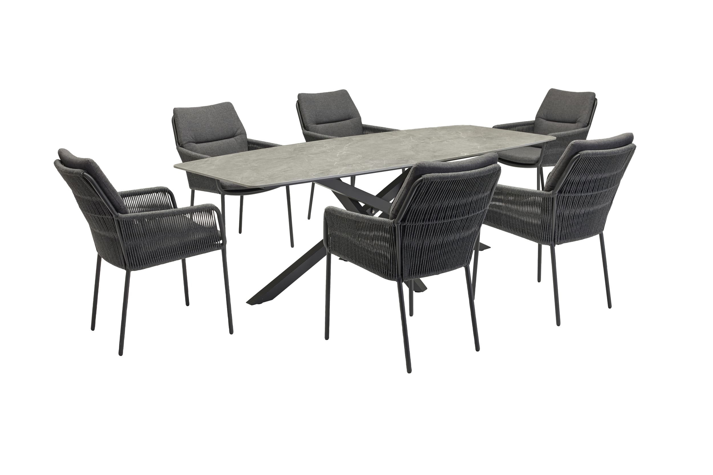 LC Garden »Como« Gartenset Esstisch 220cm Beton-Optik mit 6er Set Armlehnstühlen Anthrazit Rope