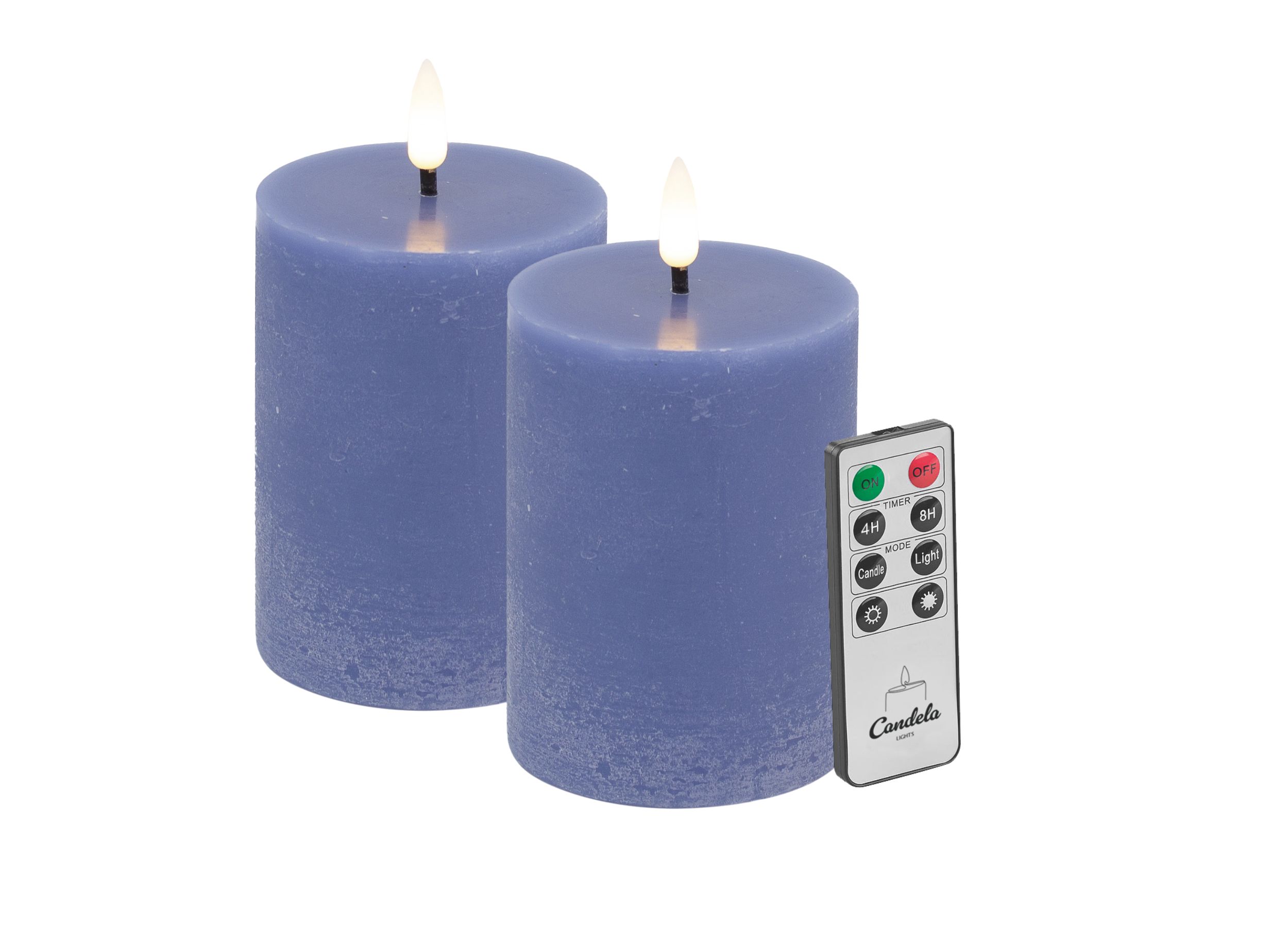 Candela LED Kerzen 2er Set H:10xØ7,5cm blau rustic Echtwachs mit Fernbedienung Timer Funktion & mehrstufig dimmbar flammenlos Echtwachskerzen Stumpenkerze