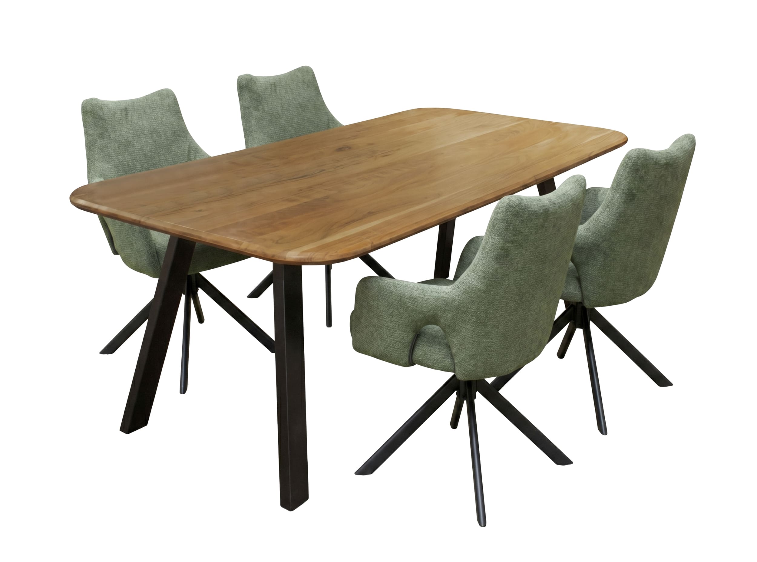 LC Home Essgruppe Livrono 5tlg. Esstisch Akazie Metallgestell 175x90cm + 4 Esszimmerstühle Livrono Grün