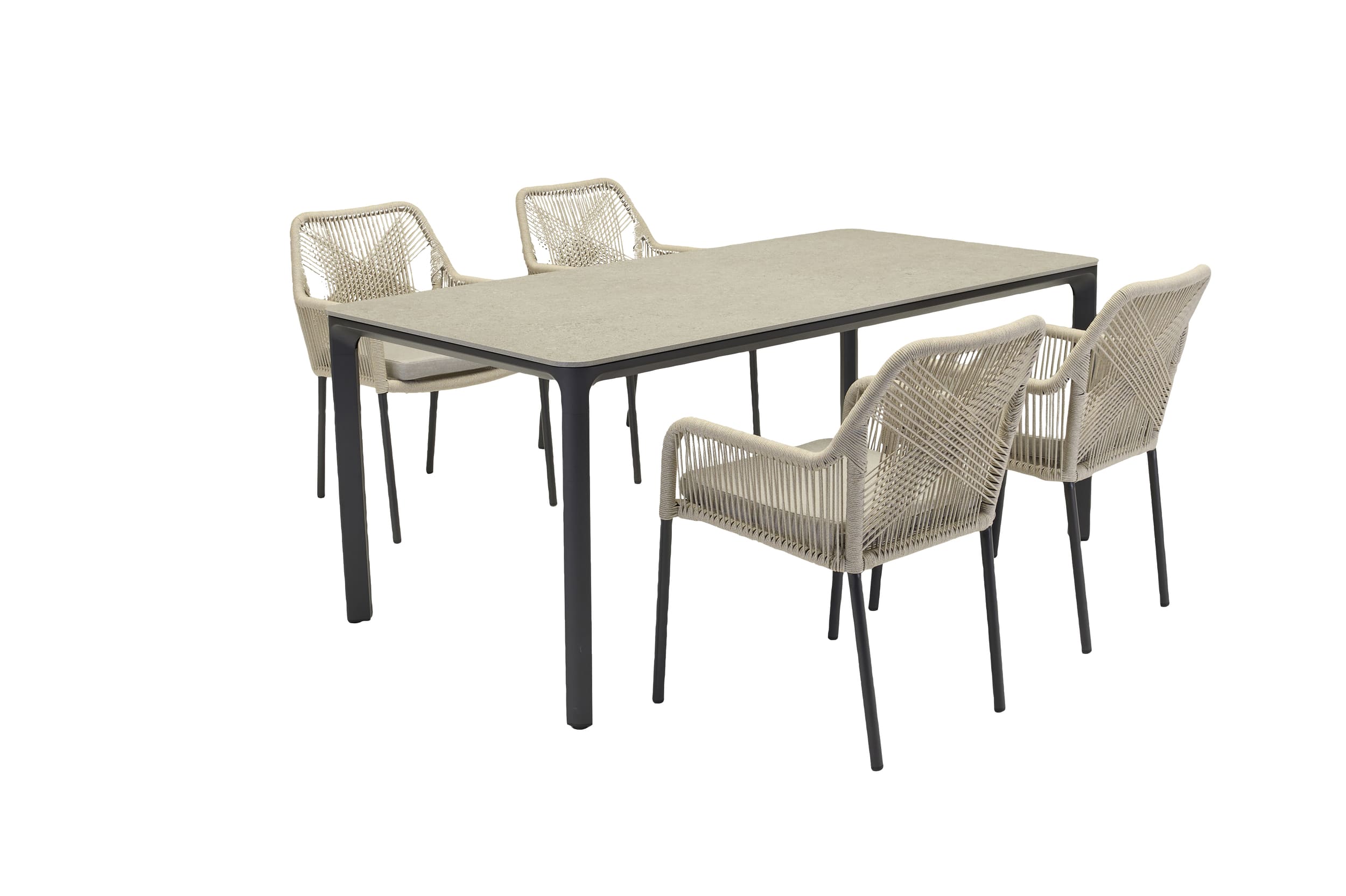 LC Garden »Stilo« Gartenset 5tlg. Esstisch 160x90 cm Sintered Stone Steingrau mit Armlehnstühlen Natur Rope