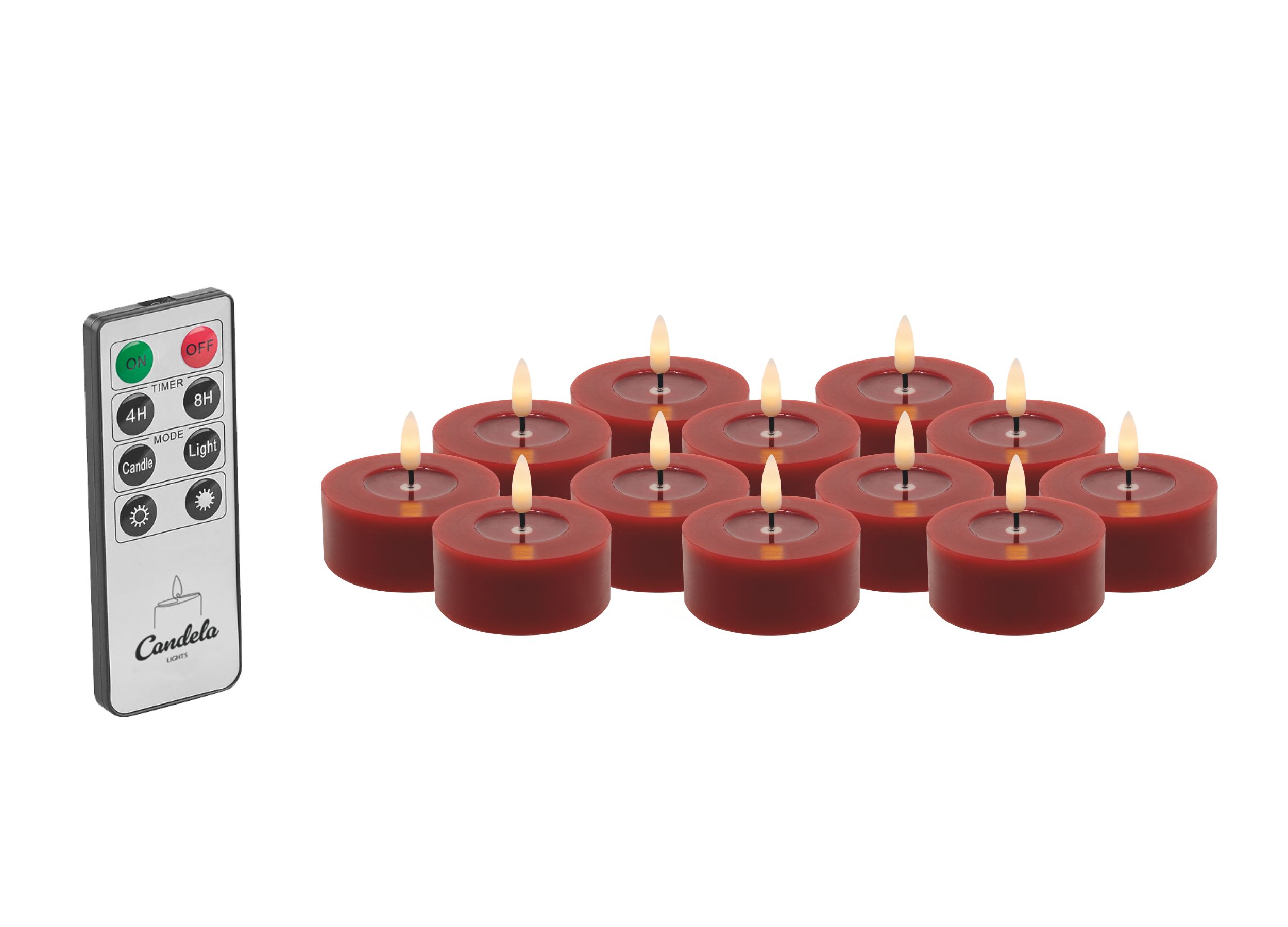 Candela Lights LED Kerzen 12er Set Ø6,8cm Winter rot glatt Echtwachs Teelicht mit Fernbedienung & Timerfunktion Flammenlose flackernde LED-Kerze mehrstufig dimmbar