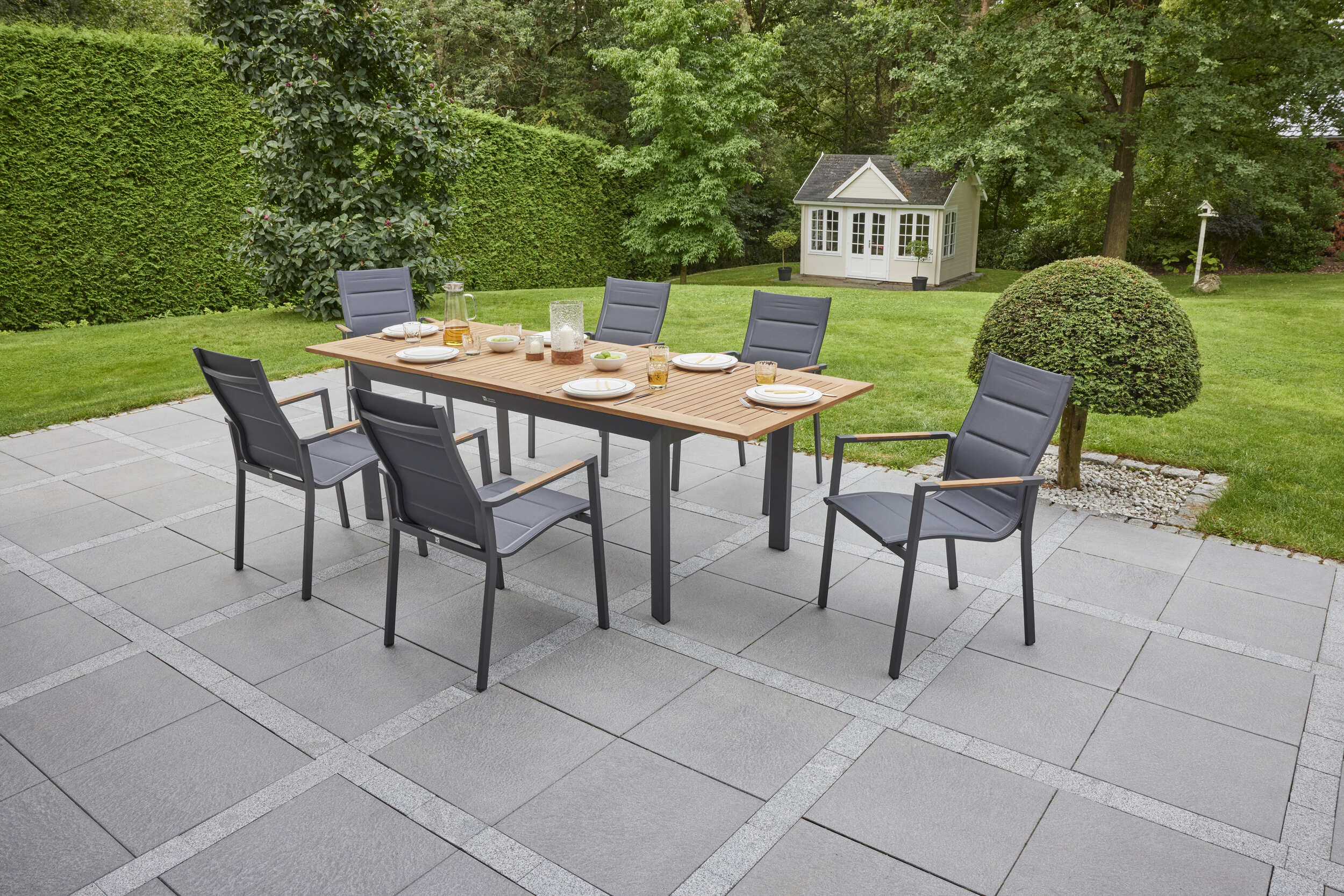 LC Garden »Unicamo« anthrazit/Teak Dining Set II 7tlg. Sitzgruppe Textilen Gartenset